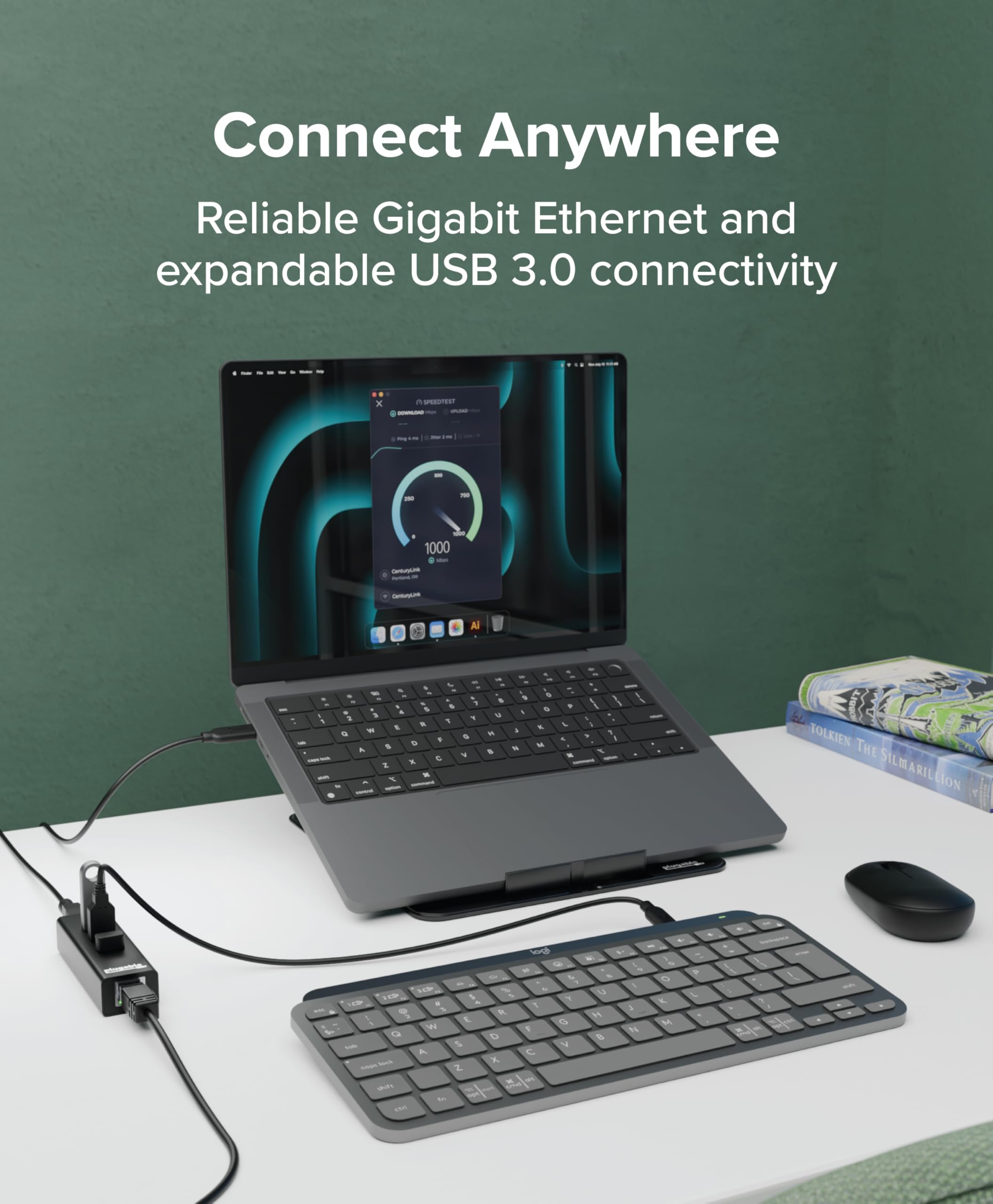 Hub portatif Plugable USB 3.0 avec Ethernet – hub 3 ports USB 3.0 alimenté par bus avec Gigabit Ethernet pour Windows, MacBook, Linux, Chrome OS (câbles USB-C et USB 3.0 inclus).