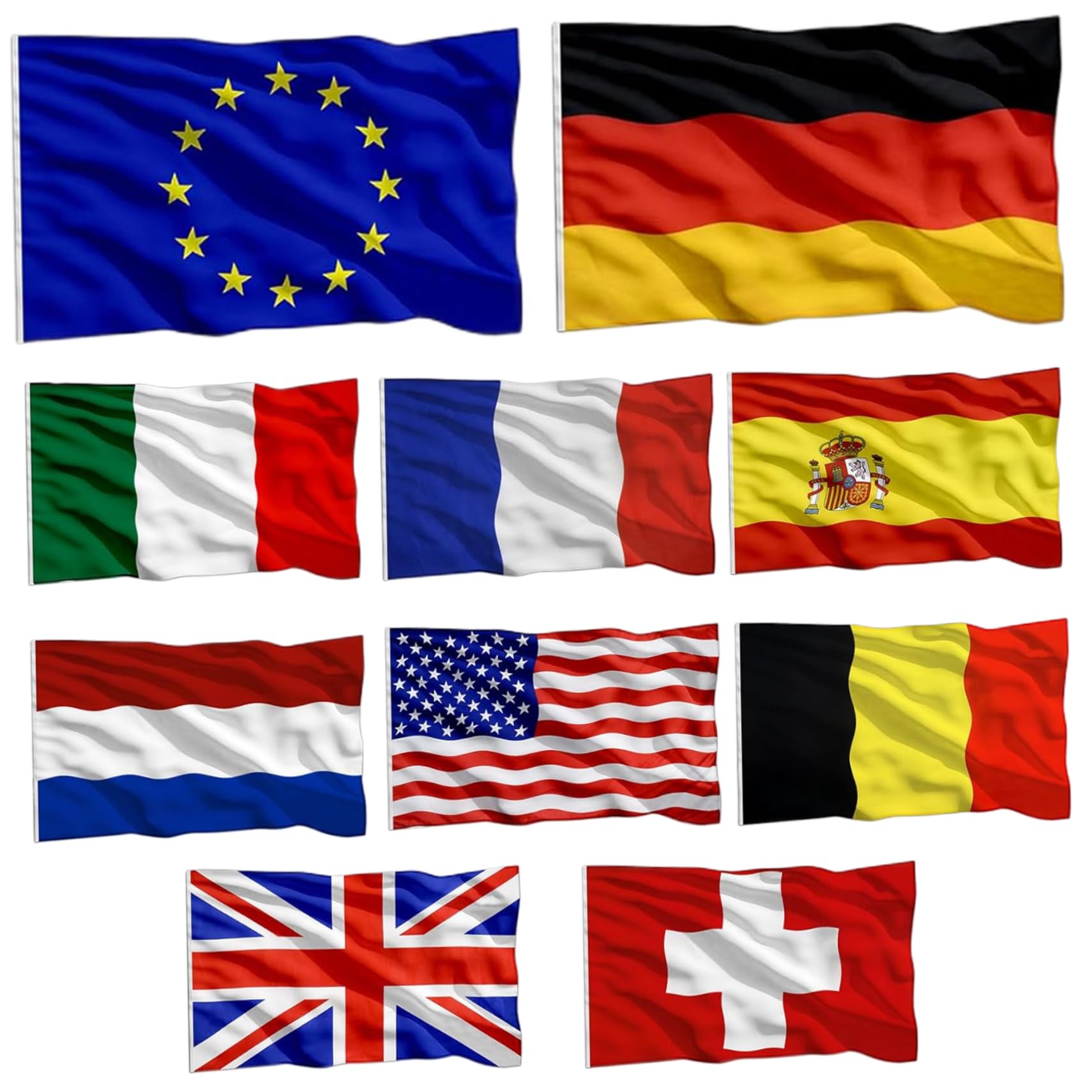 Bandiere europee, bandiere nazionali 10 pezzi/set 9, 1 x 1, 5 m Mondo impermeabile, resistente allo sbiadimento, include Unione Europea, Italia, Germania, Spagna, Olanda, Francia, Svizzera, G