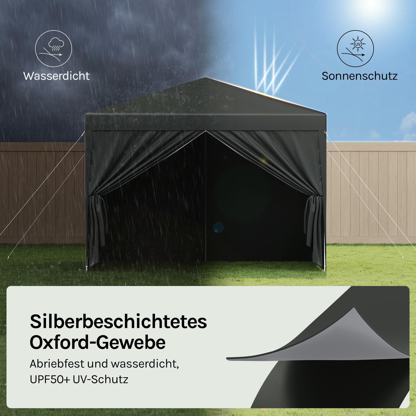 WOLTU Pavillon Pop-Up wasserdichter Faltpavillon Sonnenschutz Event Pavillon mit Seitenwänden Gartenpavillon auf Terrasse Camping Festival Pagodenzelt aus Oxford Metallrahmen 3 x 3 m Grau