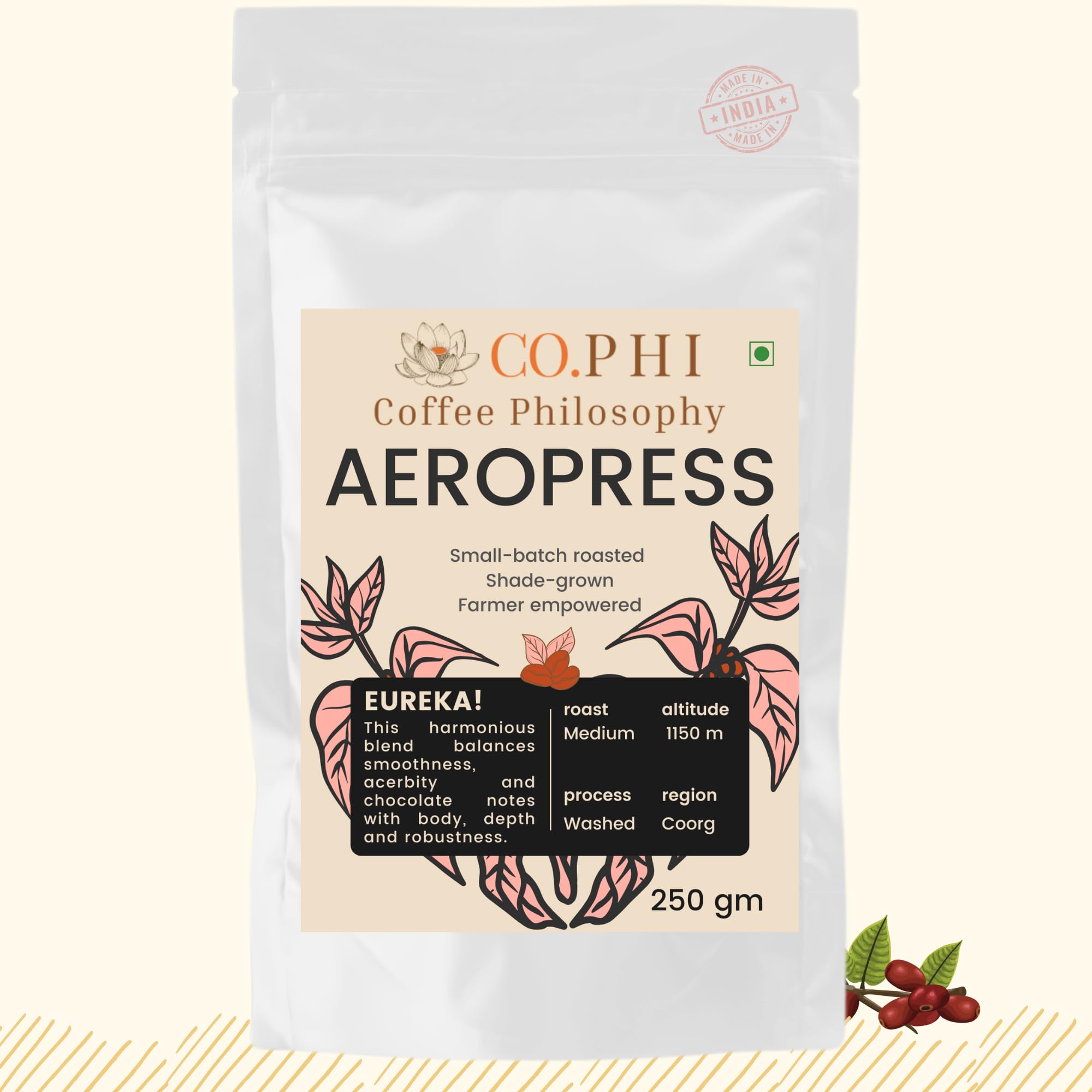 COPHI Coffee Philosophy Eureka (250g) Aeropress Coffee Powder, Medium Roast, Arabica Robusta Blend, Coorg Specialty Ground Coffee, Washed Process, Chicory Free, Shade Grown, Makes 15 Cups