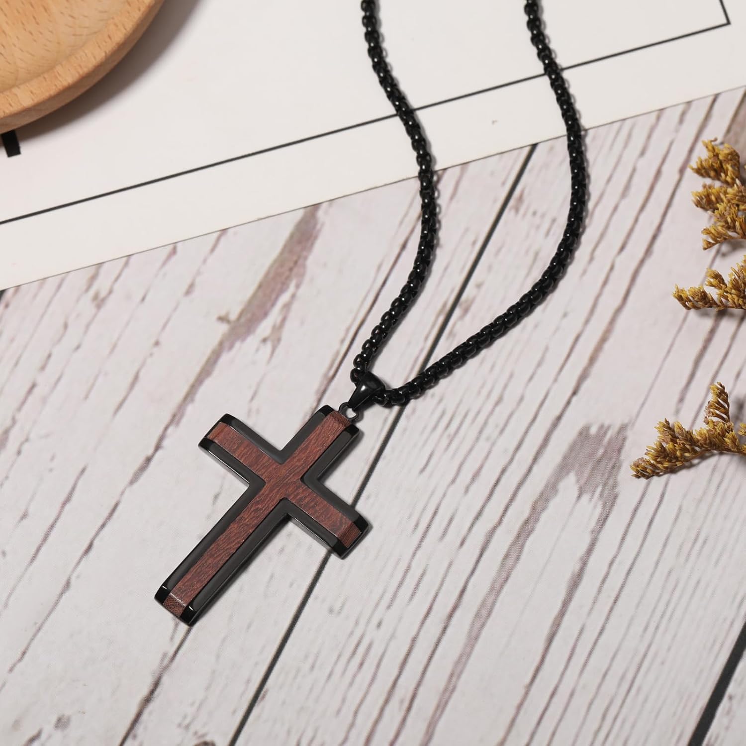 Wooden Cross Necklace for Men, Authentic Handmade Ebony Production, Black Mens Cross Necklaces Christian Baptism Pendant, 24 Inch Stainless Steel Box Chain, Simple Jewelry Gifts Suitable for Men - Image 7