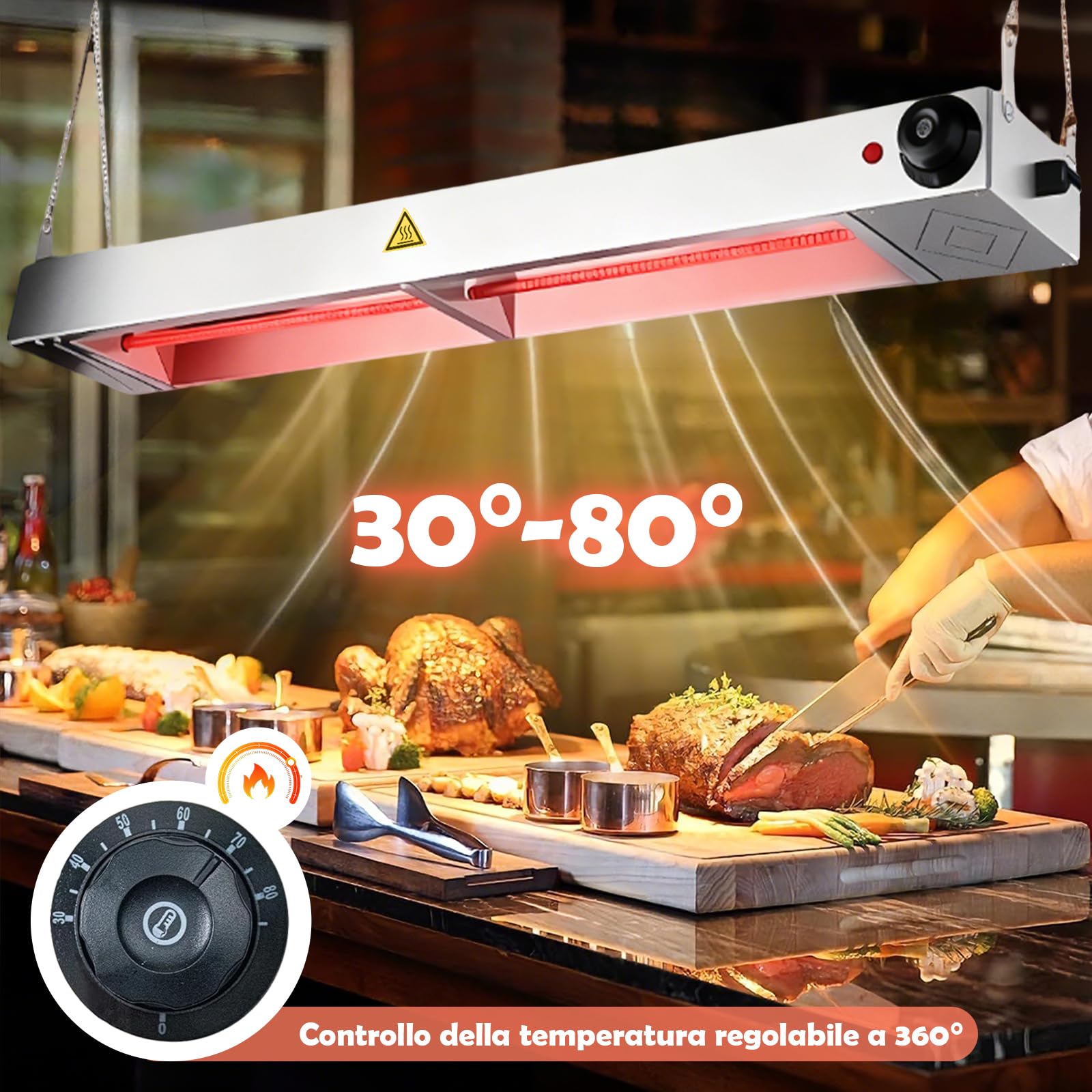 Lampada Scaldavivande da Cucina | Lampada Riscaldante a Infrarossi a Sospensione, Temperatura Regolabile (30–80 °C) | Lampada Scaldavivande a Sospensione adatta a Buffet, Mense e Hotel (1, 90cm)