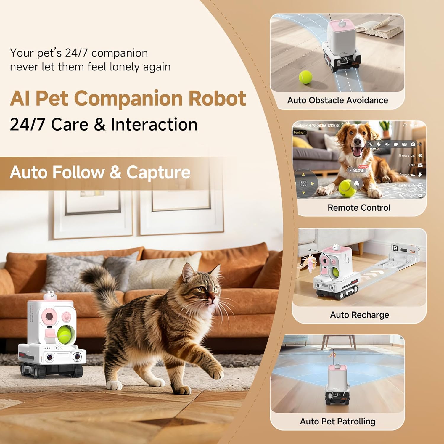 Pmate AI Pet Camera Robot Companion for Dogs & Cats, Robot Camera with Visual Recognition, Remote Video Interaction, Auto Feeding & Play, Red Light Teaser, Night Vision, Auto Charging, Pink