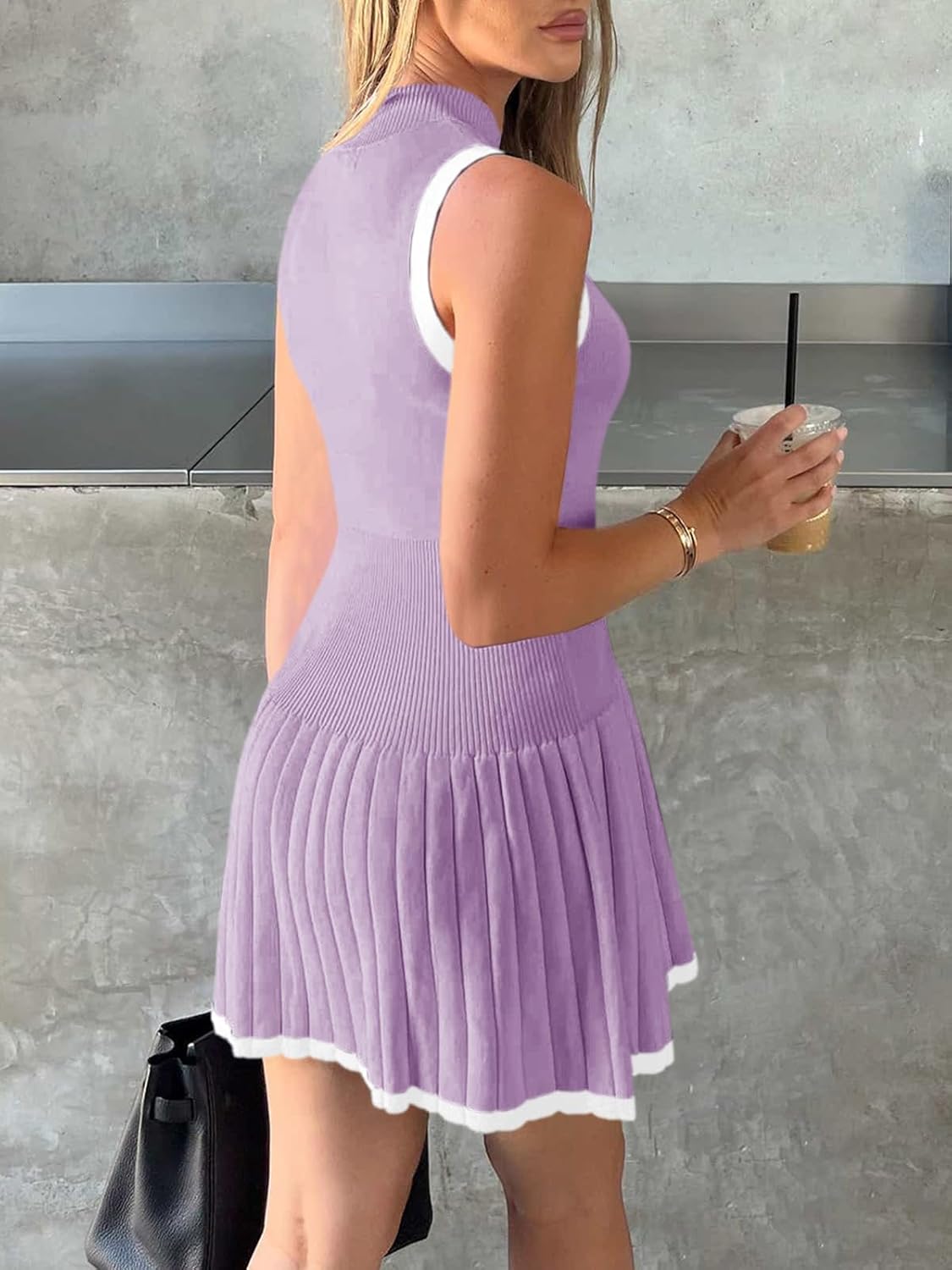 Wenrine Womens Sleeveless Summer Mini Dress Mock Neck Ribbed Knit Ruffle Pleated Casual Tank Dress - Image 3