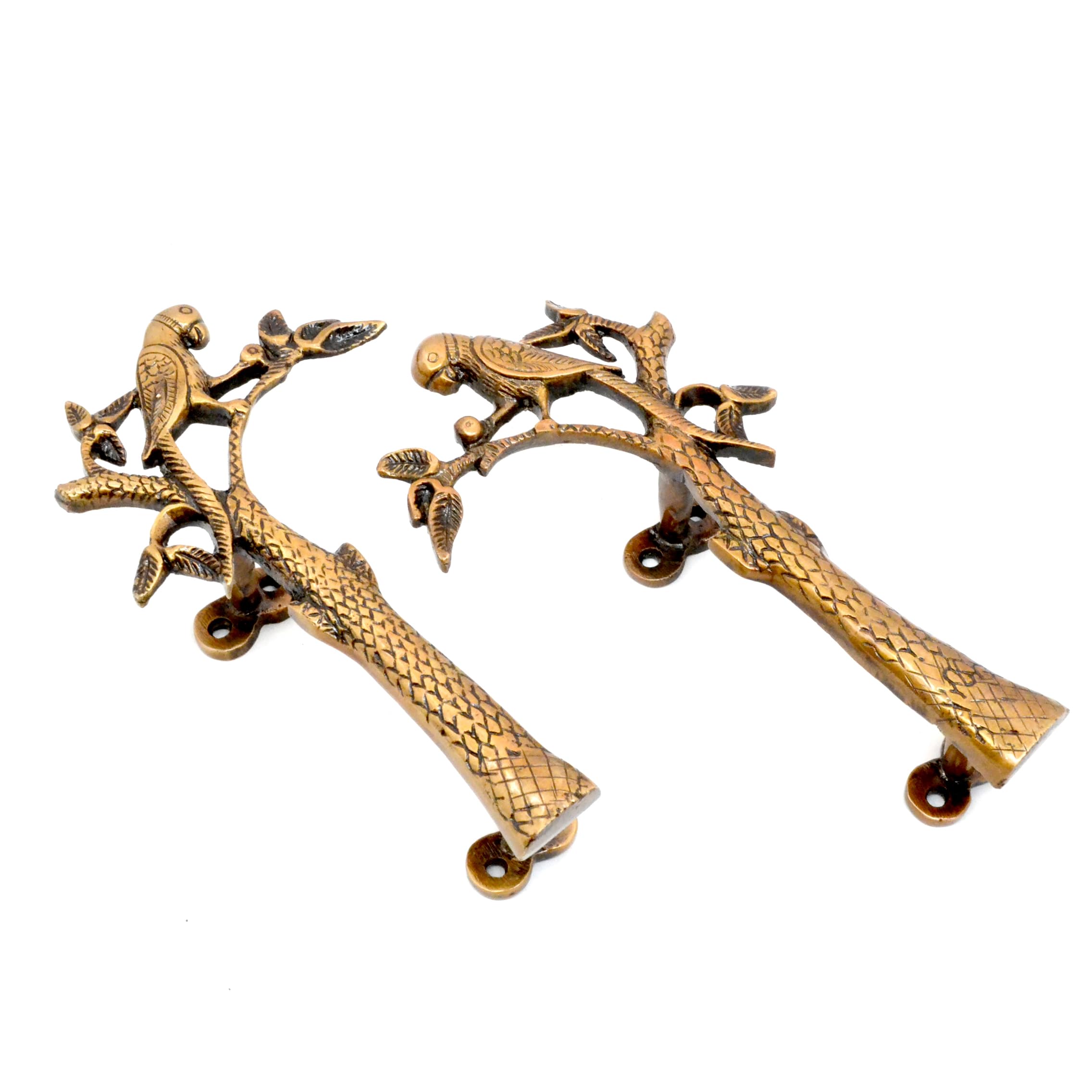 Two Moustaches Brass Parrot on Tree Design 8 Inches Brass Door Handle Pair, Door Handles for Home Decor, Door Pull Handles, Handleset, Handles for Wooden Door, Standard Size; Antique Yellow Pack of 2