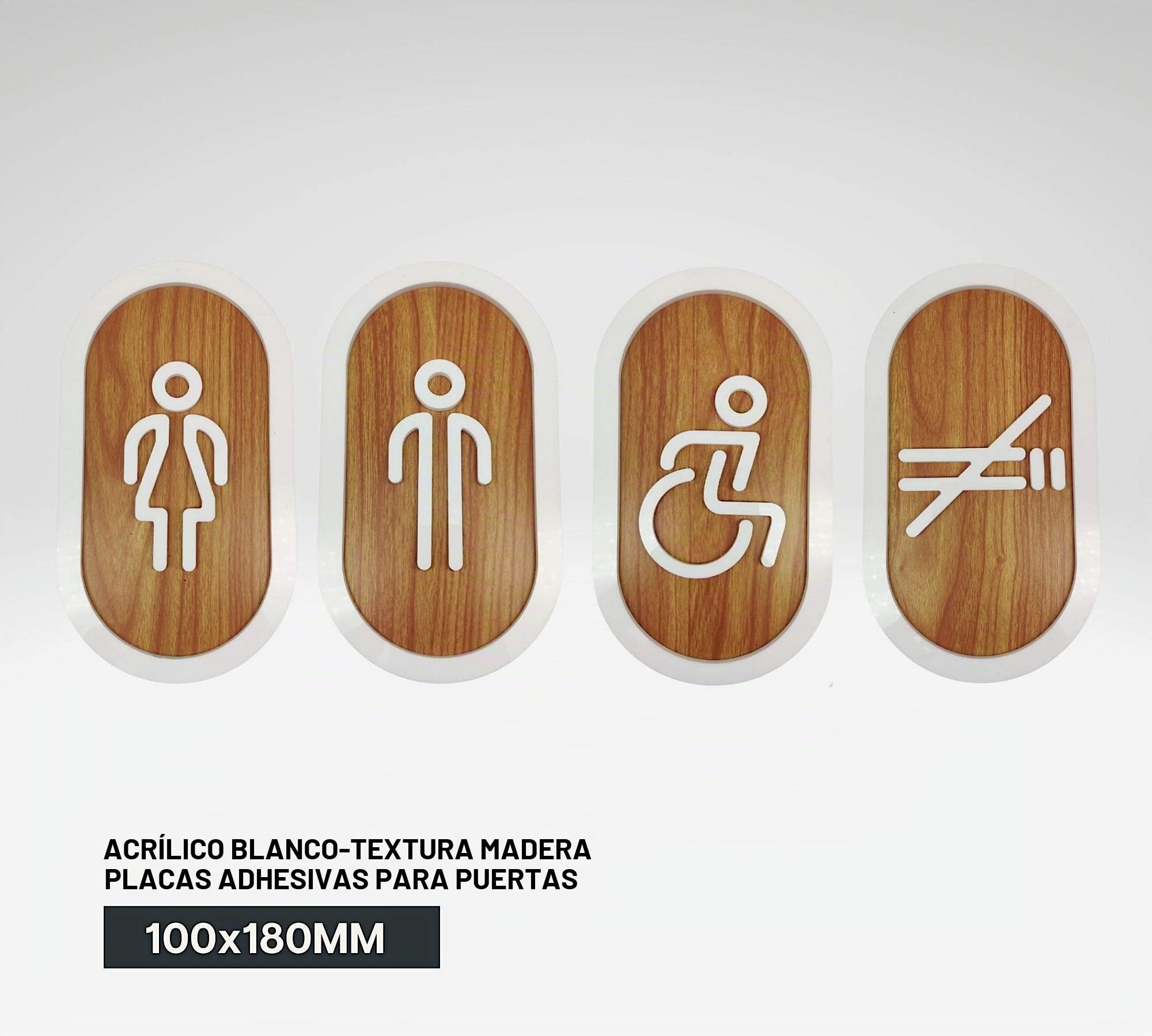 DOJA BARCELONA | Cartel para Baño | Hombre + Mujer + Discapacitado | Color Madera | 100mm x180mm | Simbolo Adhesivo WC para Puerta | Placa Pegatina para Aseo, Aseos Cartel, Señal de Lavabo