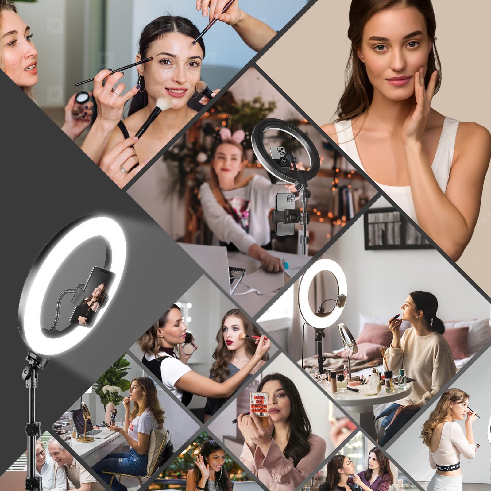 UPhitnis Aro de Luz con Tripode, Ring Light con 3 Modos 10 Brillos Regulables Aro de Luz para Móvil Youtube Maquillaje,Selfie Fotografía,Streaming