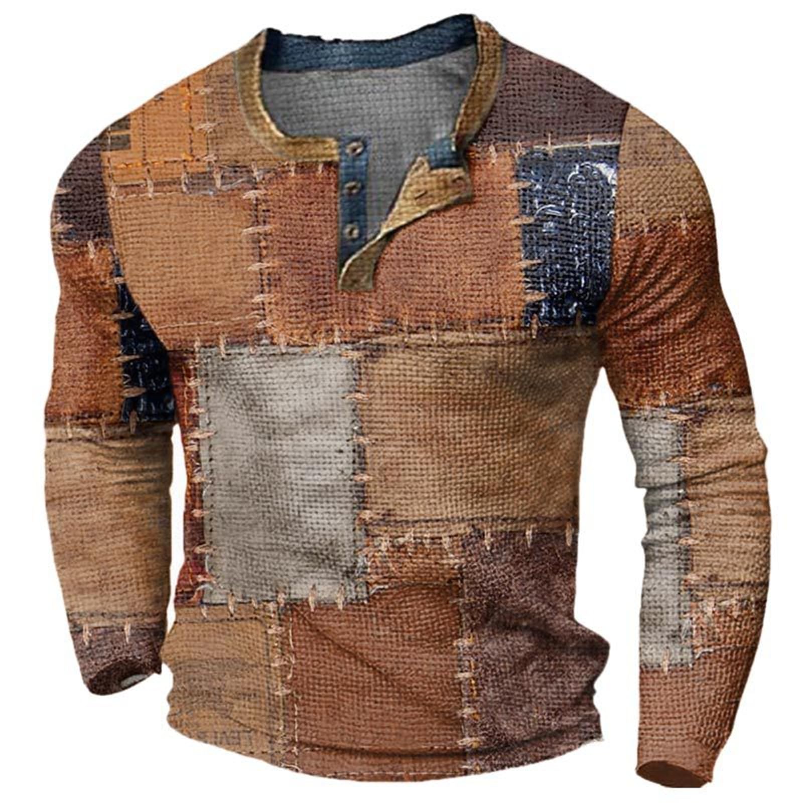 Camicia Henley Uomo A Maniche Lunghe Con Stampa Lettera Vintage, Colletto A V, Tessuto In Poliestere Morbido. T-Shirt Casual Button Down, Stile Retrò, Per Primavera, Autunno E Inverno.