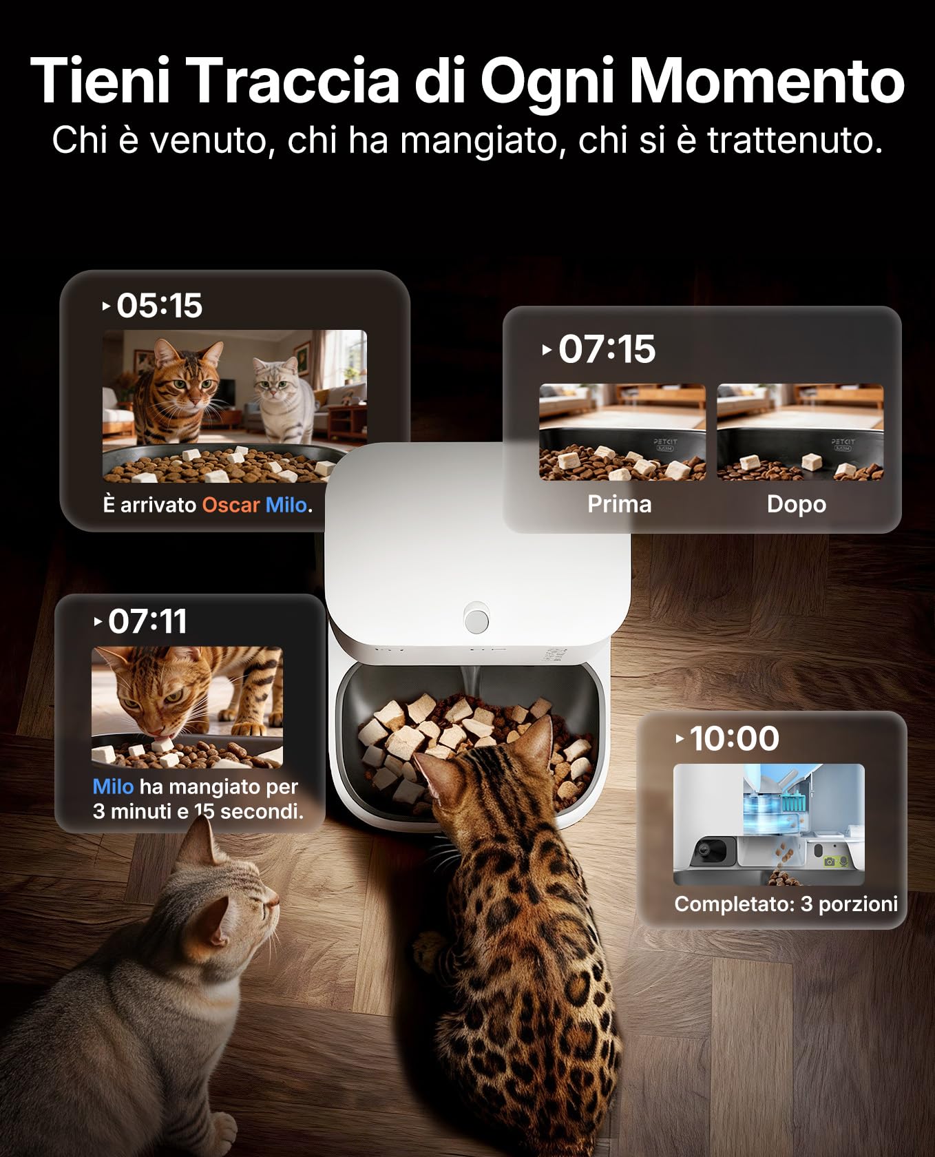 PETKIT YumShare Dual-Hopper 2, Distributore Automatico di Cibo per Gatti e Cani con Telecamera HD 1080p, Riconoscimento Multiplo Gatti, Funzioni AI, Capacità 5L, Wi-Fi 2.4 GHz e 5 GHz