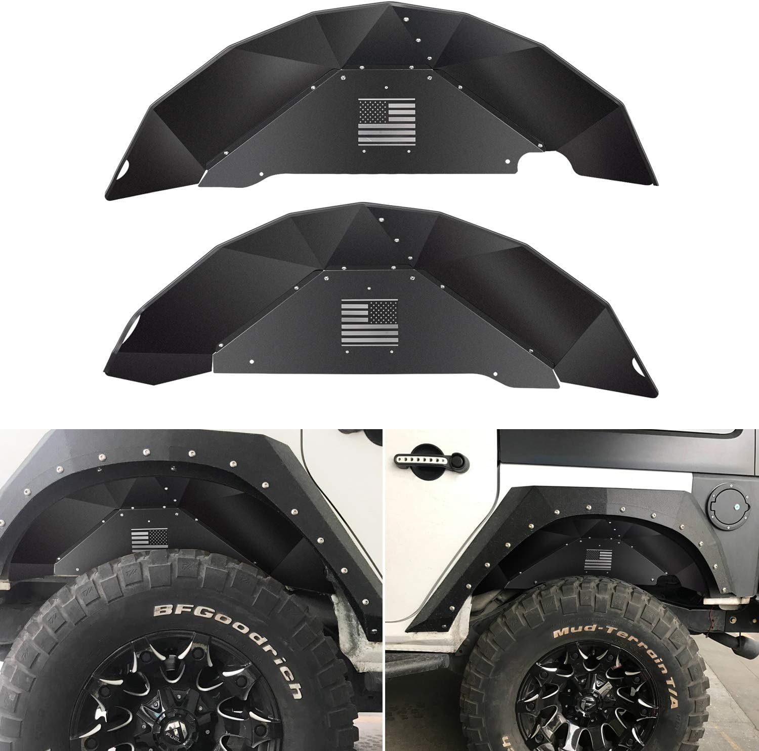 Sunluway Rear Inner Fender Liners for Jeep Wrangler 2007-2018 JK JKU 4WD US Flag Logo Aluminum Lightweight Design Black Splash Guards
