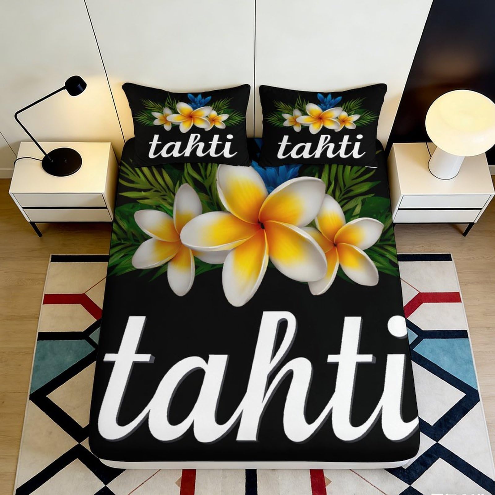 Pnayamiorkfel Style-9 3D Printed Tropical Plumeria Flower Fitted Sheet Microfiber Soft Black Floral Bed Cover For Bedroom Guest Room Decor 90X200x25cm