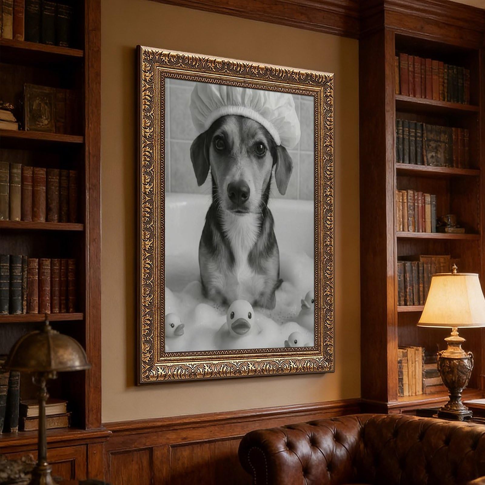 Lustiger Hund in der Badewanne, niedlicher Welpe mit Duschhaube, Leinwand-Poster, Wandkunst für Wohnzimmer und Schlafzimmer, 61 x 91,4 cm