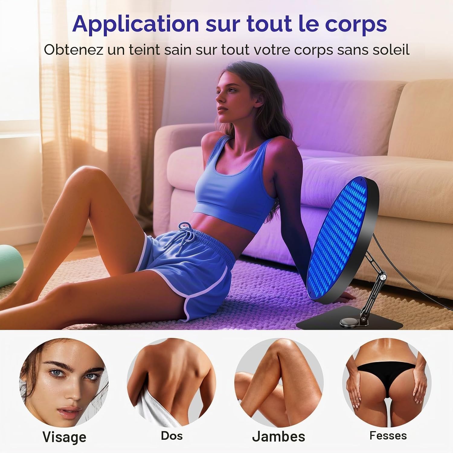 Lampe de bronzage LED 50 W pour la maison, 460 NM avec 250 LED, réglable à 360 °, pour le visage et le corps entier avec minuterie, noire