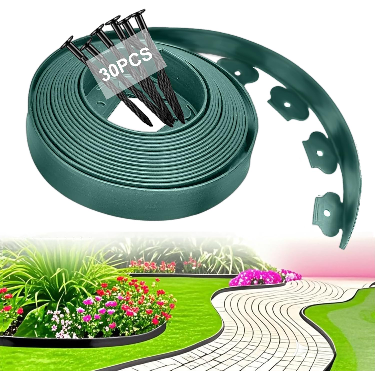 Bordillo para Césped Flexible de Plástico, Rejilla para Césped, Bordillo de Jardín para Delimitación, Jardín, Terraza y Parterres, 10m×5cm Alto con 30 Piquetes de Anclaje, Verde