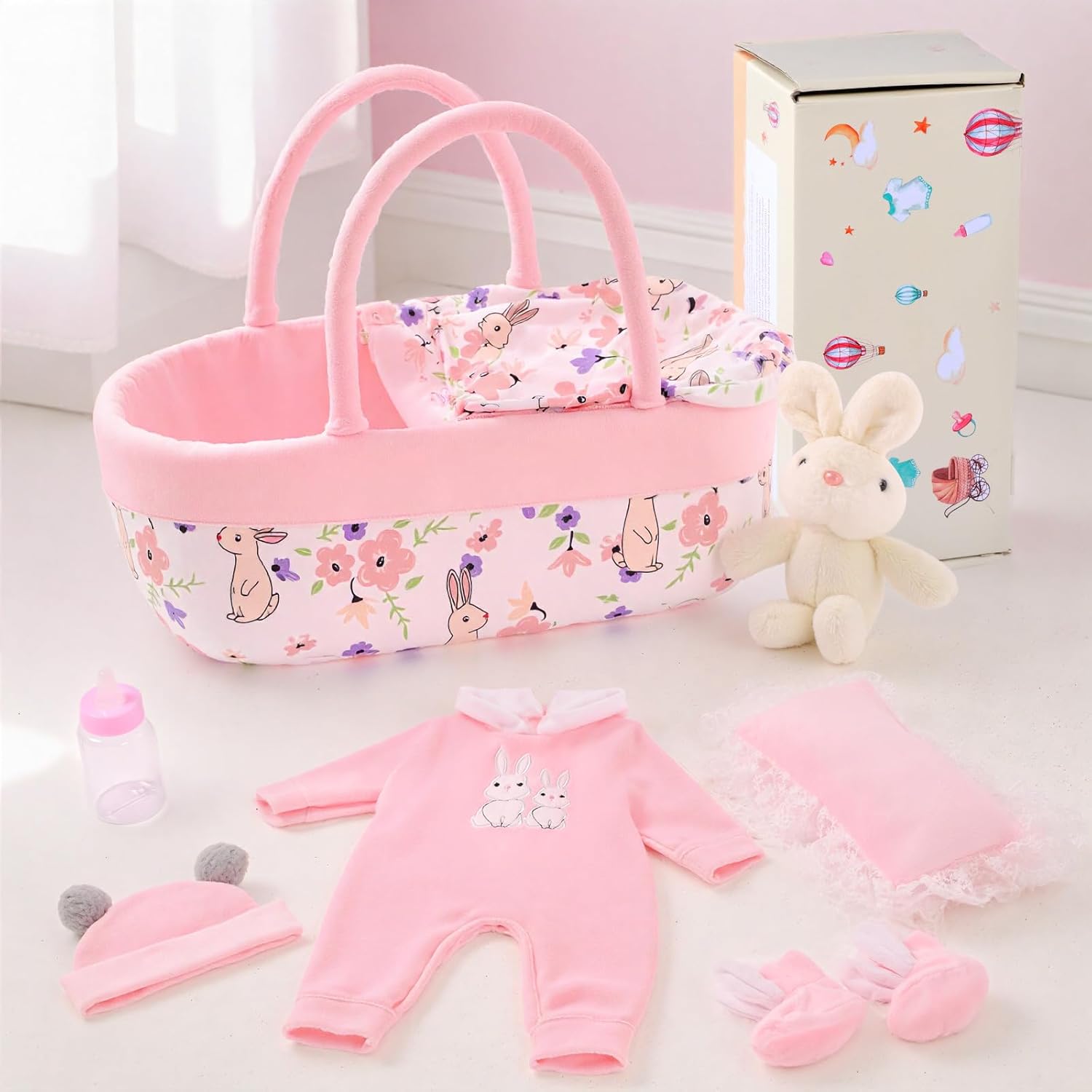 BABESIDE 8 Pcs Reborn Baby Doll Clothes with Bassinet for 17-22 Inch Baby Dolls, Baby Dolls Clothes Doll Accessories Set with Bunny Toy for Newborn Baby Dolls Girl (Not Doll)
