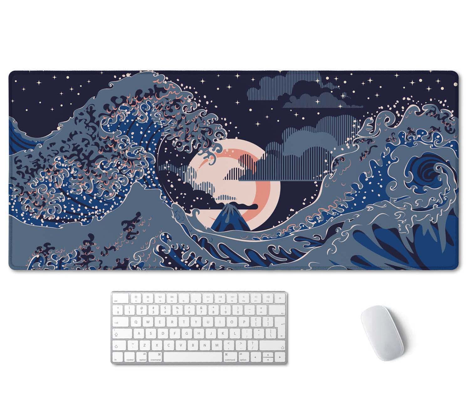 SSOIU Nightscape with Big Ocean Waves Mouse Pad 35.5 X 15.7 Inch XXL Modern Full Desk Mousepad Extended Large Non-Slip Rubber Base Waterproof Big