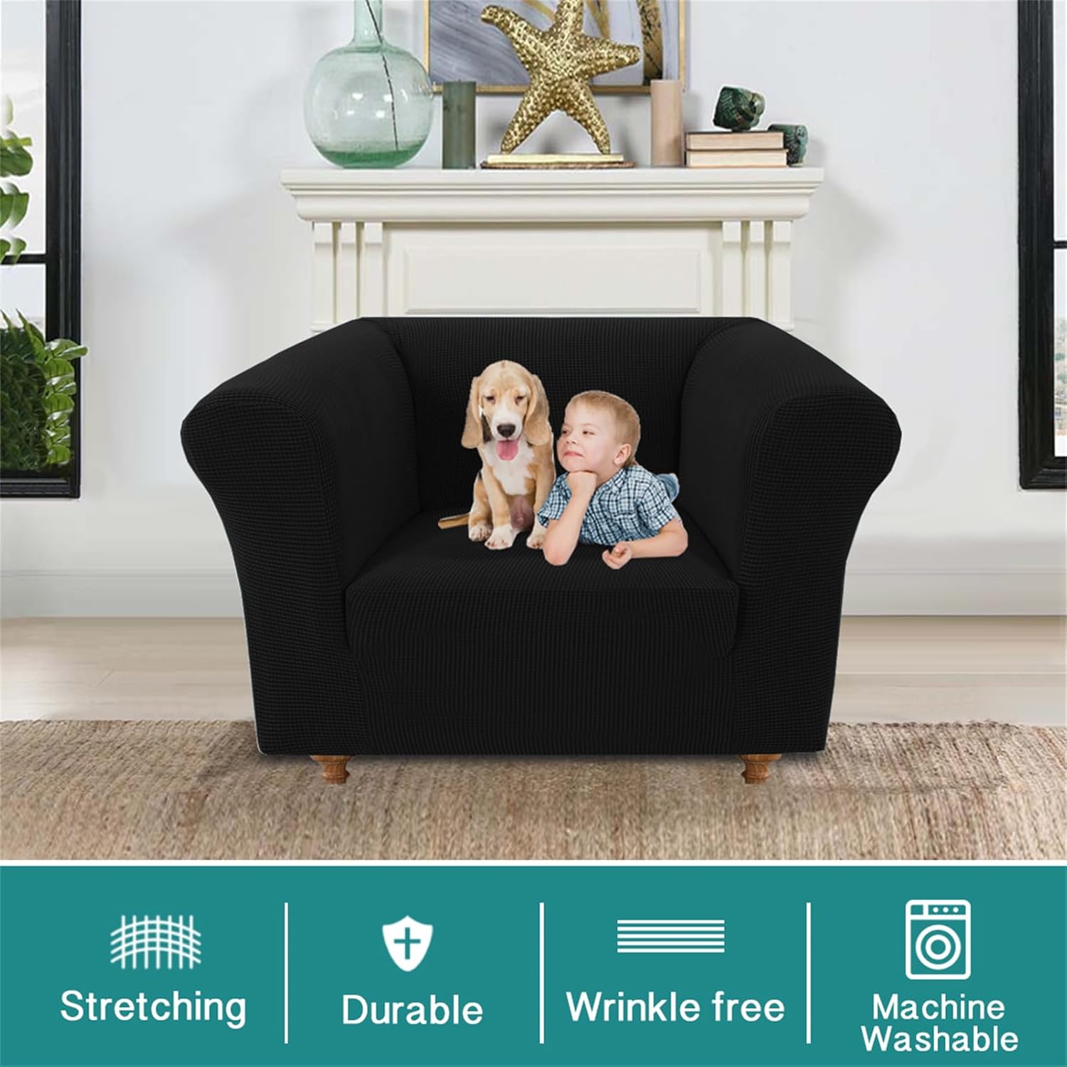 Stretch Sofa Cover for Chesterfield Sofa Covers, 1/2/3 Seater Couch, Universal Sofa Covers Jacquard Spandex Pet Dog Furniture Protector (Black,Chair)