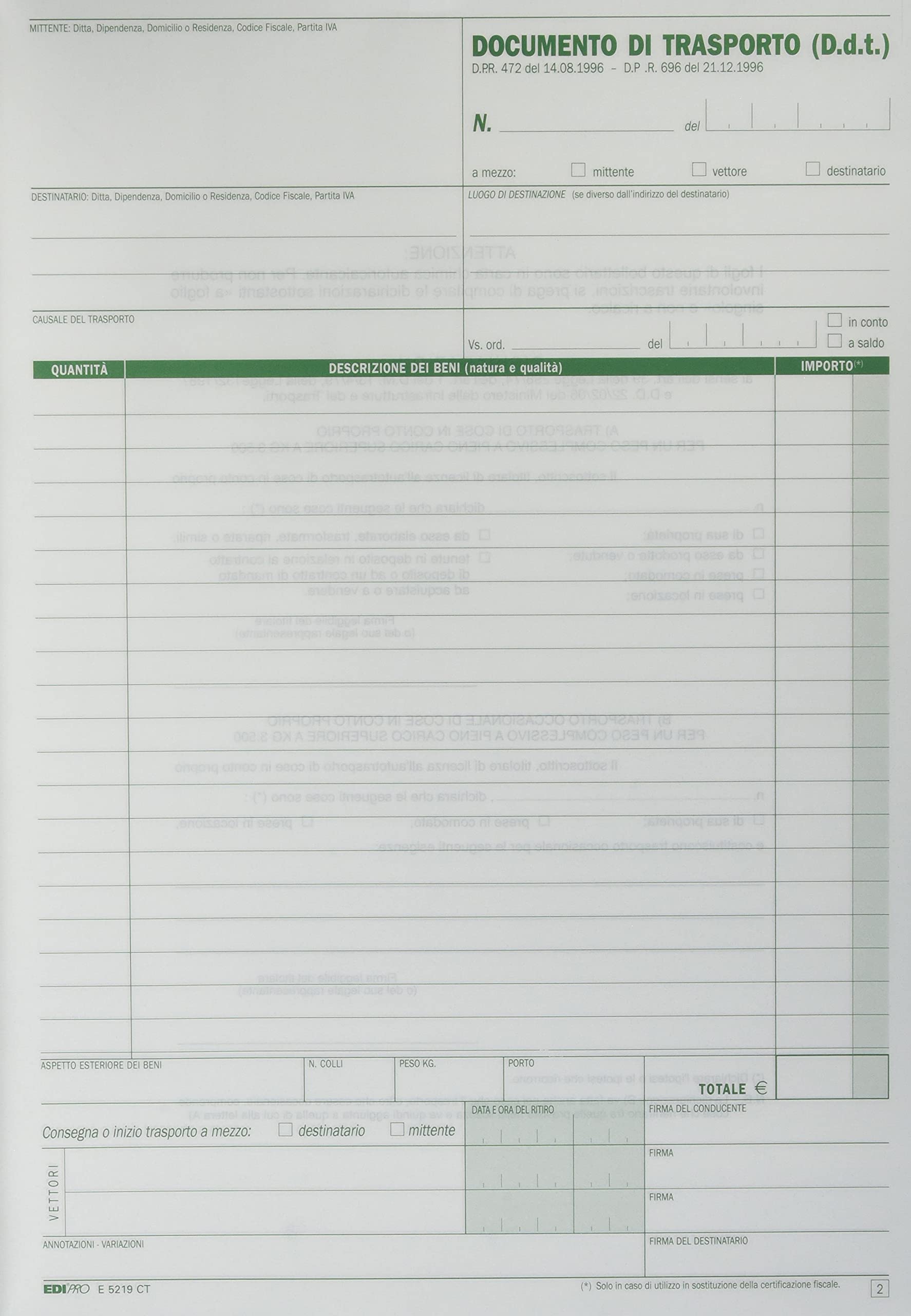 EDIPRO E5219CT Blocco documento di trasporto 33x3 autoricalcante 29.7x22