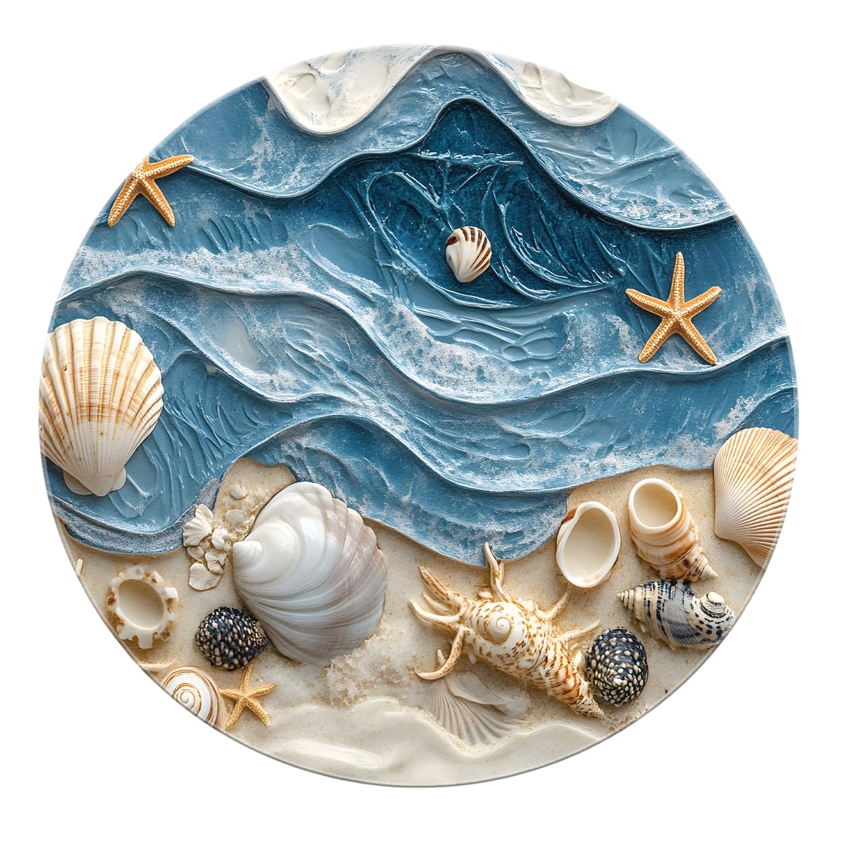 Alfombras redondas náuticas playa 100cm Olas 3D océano concha estrella mar alfombrilla lavable antidesl fina plegable pelo bajo resist manchas para Salón Baño