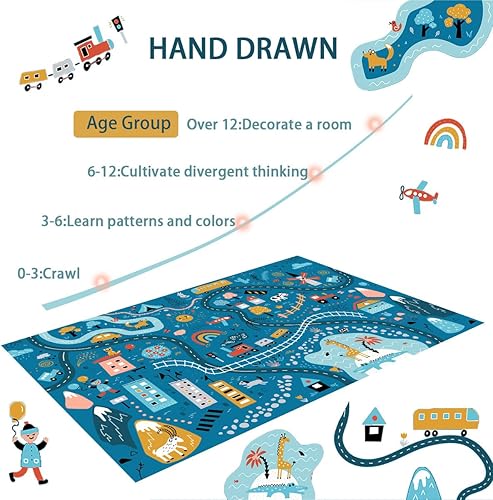 Miniatura 5 de Alfombra de coche para niños de 2 pies 7 pulgadas x 3 pies 11 pulgadas, alfombra de juego para autos de juguete, alfombra de bosque de la ciudad,