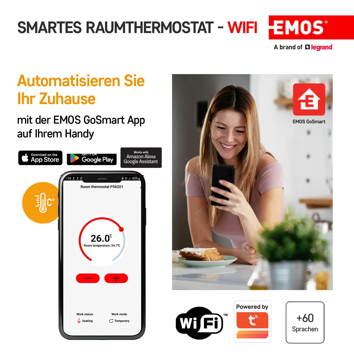 EMOS GoSmart - Smart Home Raumthermostat mit App - WiFi - IP Thermostat für Heiz- und Kühlungssysteme - energiesparend - Tuya, Google Assistant und Alexa kompatibel - weiß
