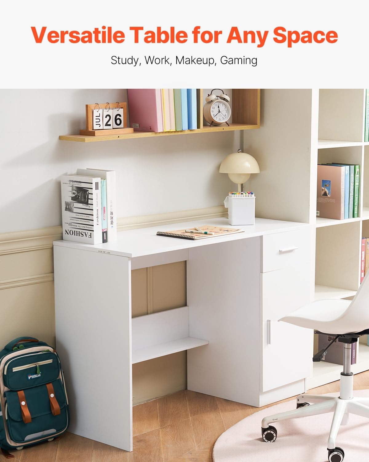 VEVOR Small Desk with Drawer, Kids Desk for Bedroom, Wooden Simple Study Table for Drawing, Reading, Writing, Rectangle MDF Study Storage Table with Adjustable Shelf for Home, Office, White
