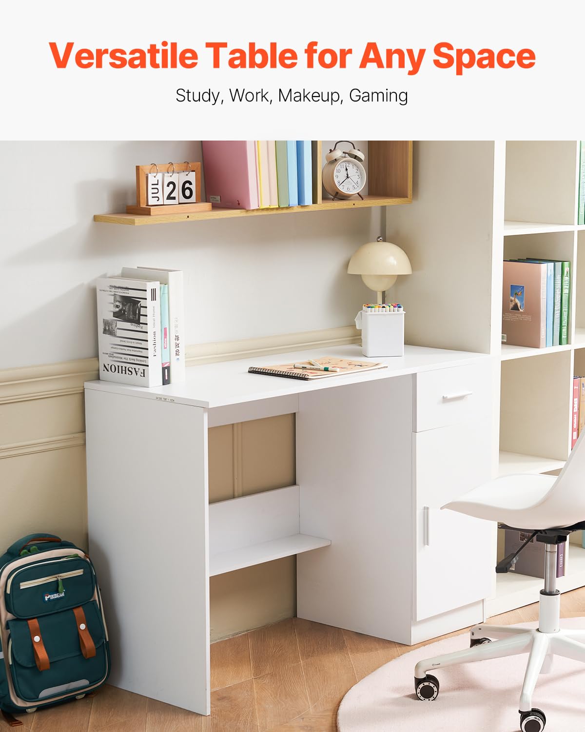 VEVOR Small Desk with Drawers, Wooden Table for Home Office, Small Computer Desk with Storage, Vanity Desk with Drawers, Study Table for Adults/Students for Drawing, Reading, Writing, White