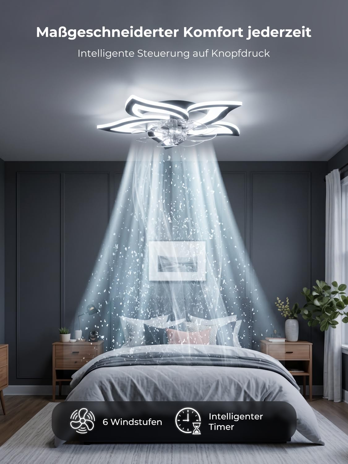 Deckenventilator mit Beleuchtung Kompatibel mit Alexa und Google Assistant, Deckenlampe mit Ventilator Leise, Sommer Winter Betrieb DC Motor, Dimmbar, für Schlafzimmer, Schwarz