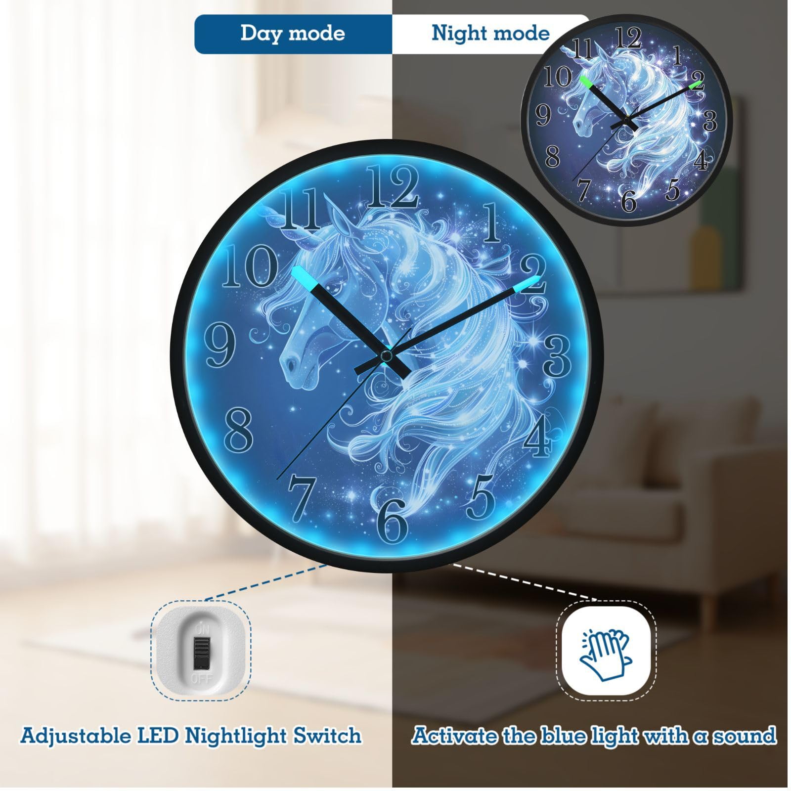 Mnsruu Reloj de pared luminoso con diseño de unicornio y galaxia blanca, funciona con pilas, silencioso, brilla en la oscuridad, para sala de estar, cocina, 12 pulgadas