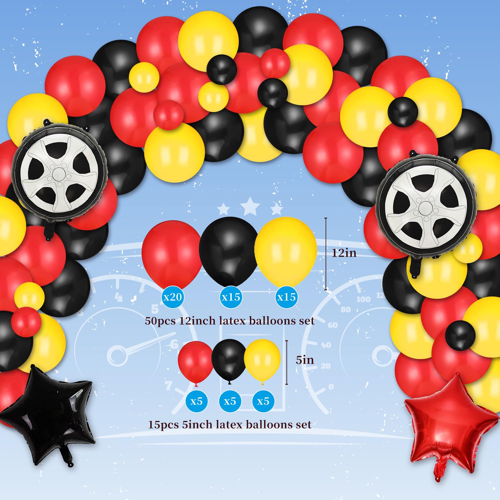 Car Birthday Balloons Set - 7PCS Black Wheels, Number 4, Racing Theme Party Decorations For Boys