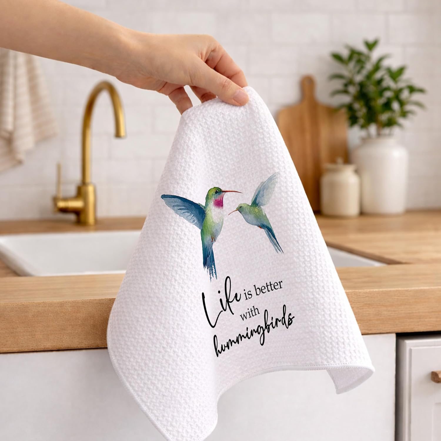 Hummingbird Kitchen Towels, Life is Better with Birds Decorative Dish Towels Gift for Bathroom Kitchen Lovers, Rustic Farmhouse Watercolor Hand Tea Bar Towel for Home Apartment Dorm 16x24in