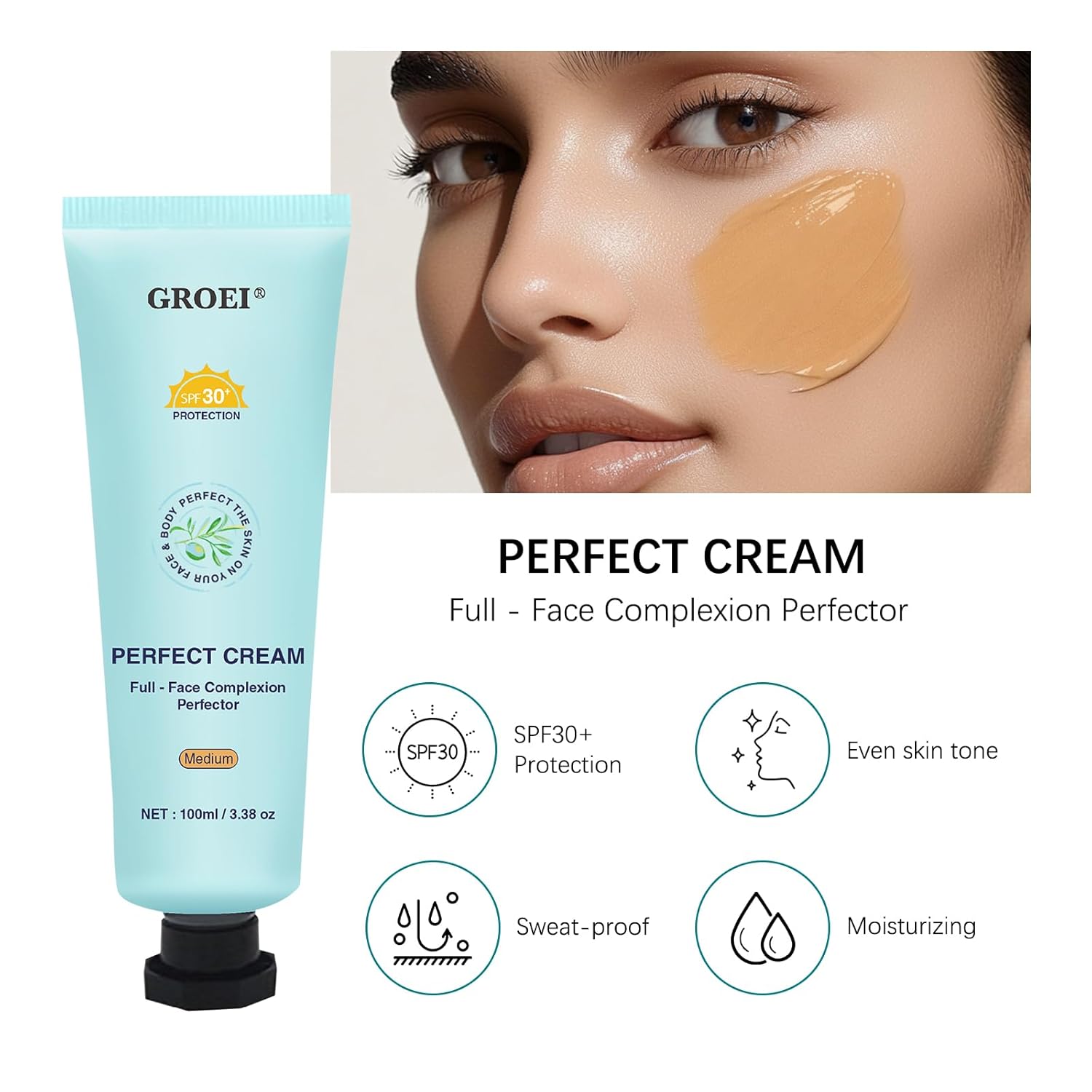 Perfect Cream All-Over Complexion Perfector | Long-Lasting BB Foundation & Concealer | SPF 30 Tinted Moisturizer for Face/Body (Medium) - Image 2