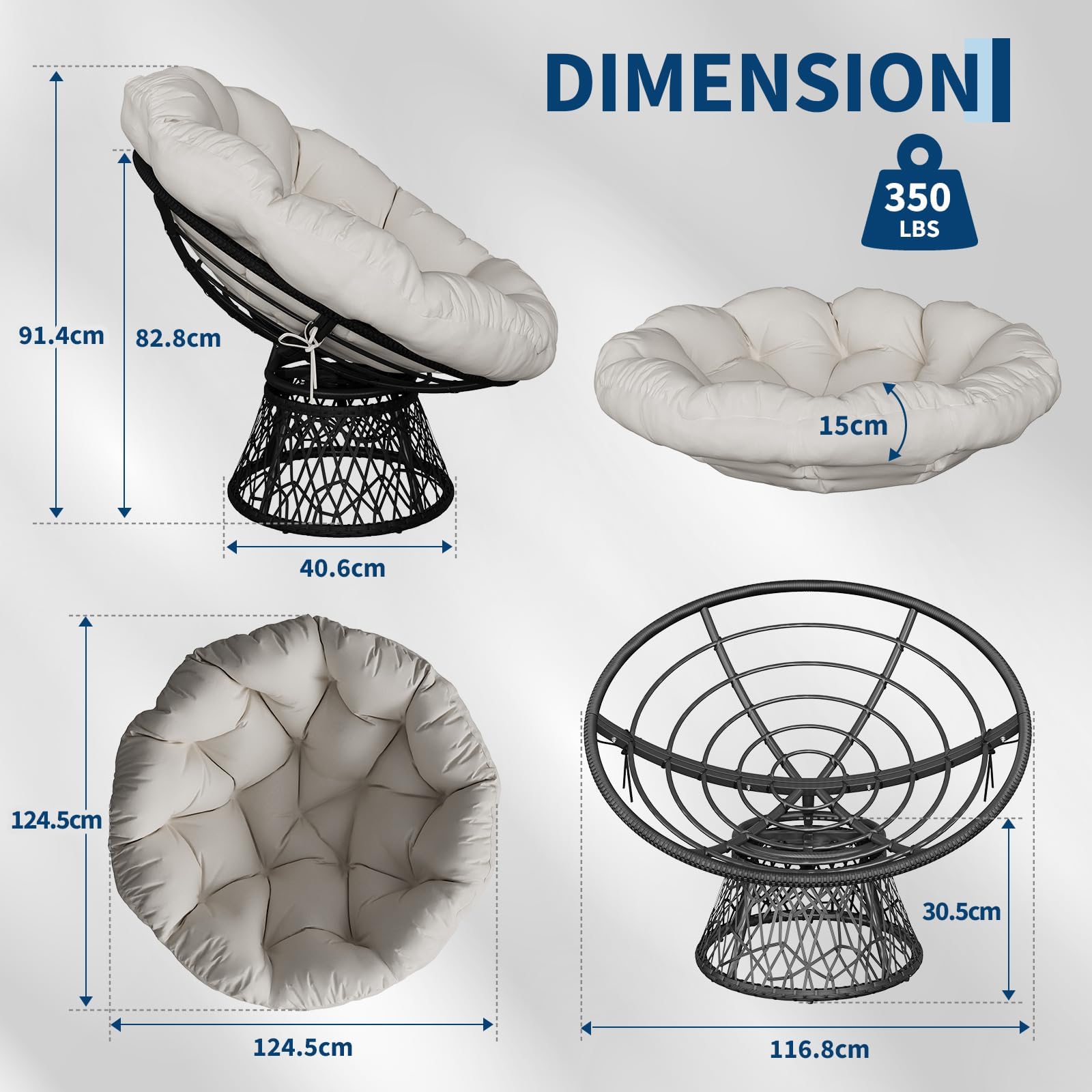 Fauteuil papasan Pivotant à 360° en Rotin,Fauteuil de jardin avec Coussin Épais,Imperméable,Charge 130kg,Intérieur & Extérieur,Chaise Relax Oeuf/Chauffeuse Pour salon,balcon,terrasse,jardin(Beige)