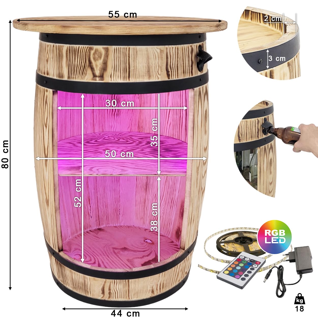 weeco Armadietto da bar con piano da tavolo e luci LED RGB – Tavolo Home Bar – Montabile – Scaffale in legno – Retro decorativo bar – Barile di legno con coperchio – Minibar Gin Whisky birra tavolo 80
