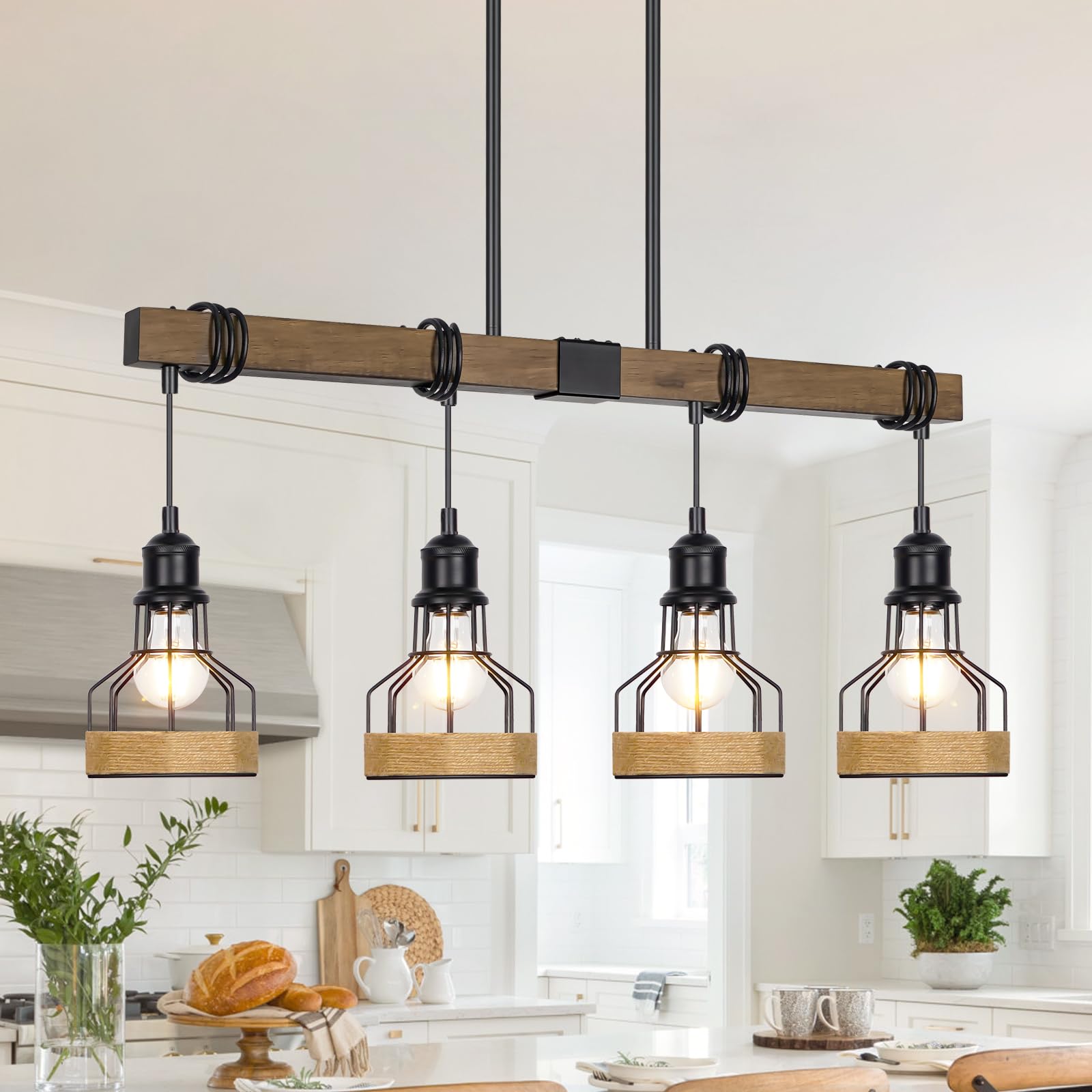 Photo 1 of Kitchen Island Lighting Ceiling 4-Light Dining Room Light Fixture Hanging, Rustic Linear Chandelier with Solid Wood Modern Kitchen Pendant Light Over Island Farmhouse Dining Light Metal Lampshade