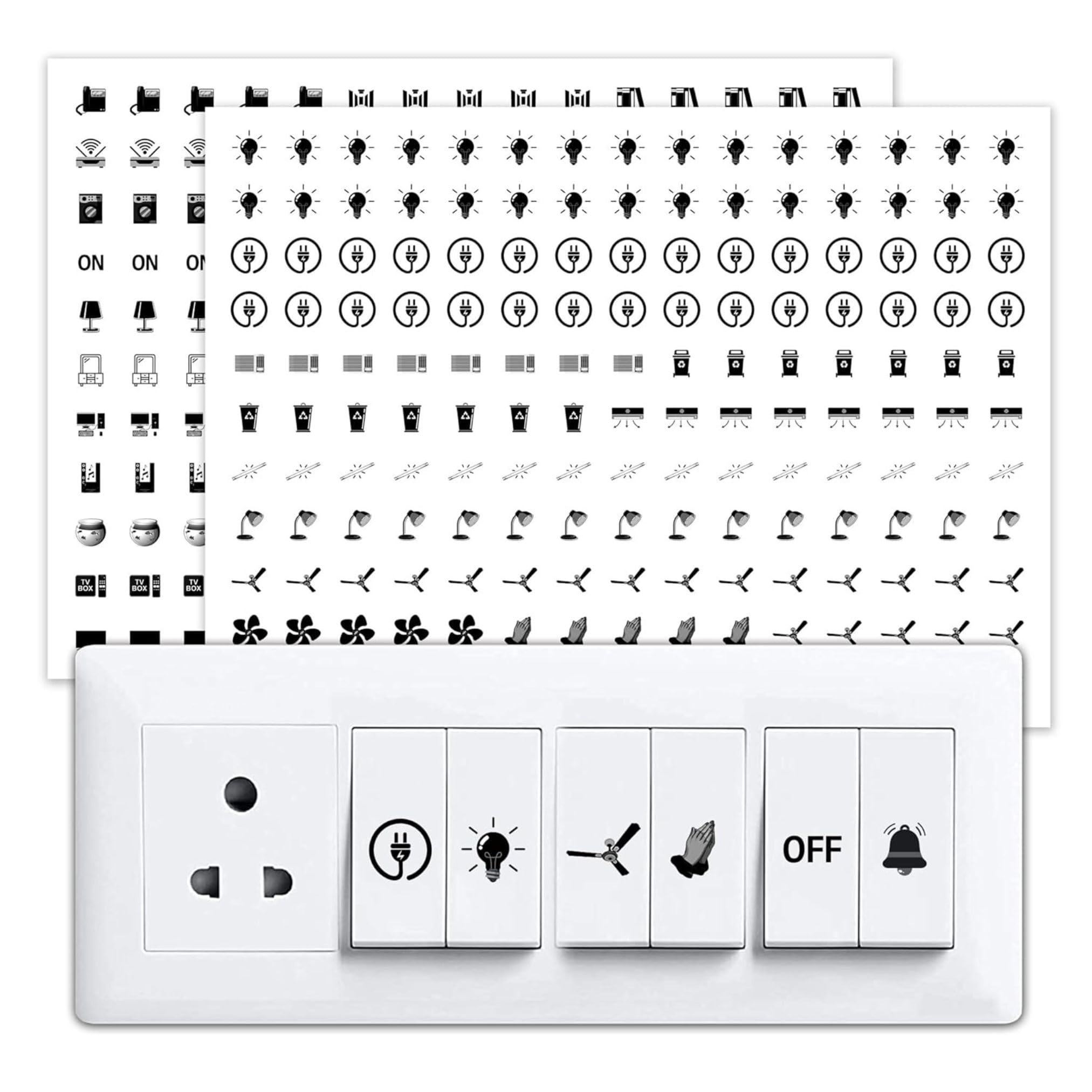 Viraaji Switch Board Stickers for Home and Office - 560 Self Adhesive Electric White Switch Board Covers, Vinyl Transparent Stickers for Lightbulb, Fan, AC, Stickers (Black)