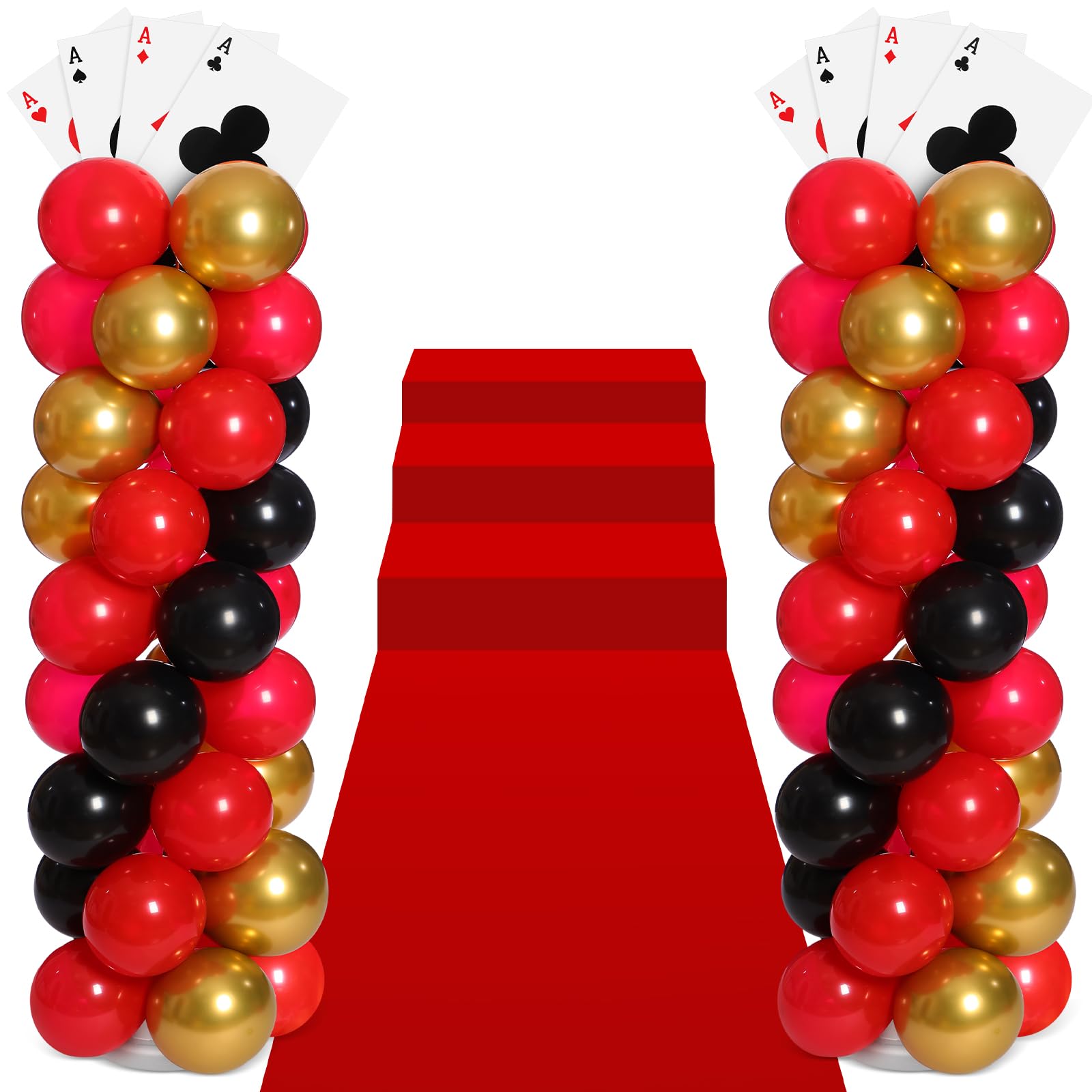 Gejoy 2 Sets Red and Black Balloon Column Kit Casino Stand Set Includes 8 Pcs Jumbo Poker Cards 100 Pcs Red Black and Gold Adjustable Balloons 1