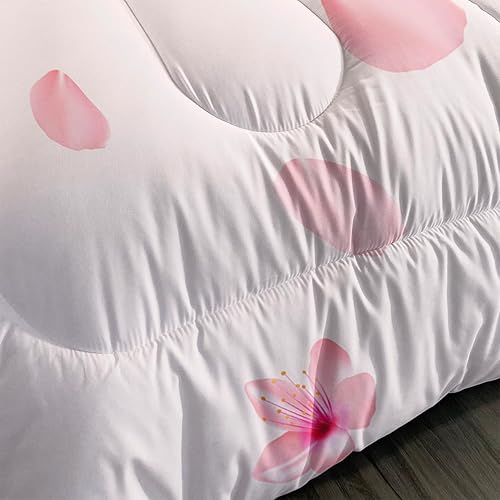 Miniatura 4 de Juego de edredón de flores de cerezo, tamaño matrimonial, 3 piezas, diseño romántico de color rosa, edredón de plumón floral para niña con 1 edredón