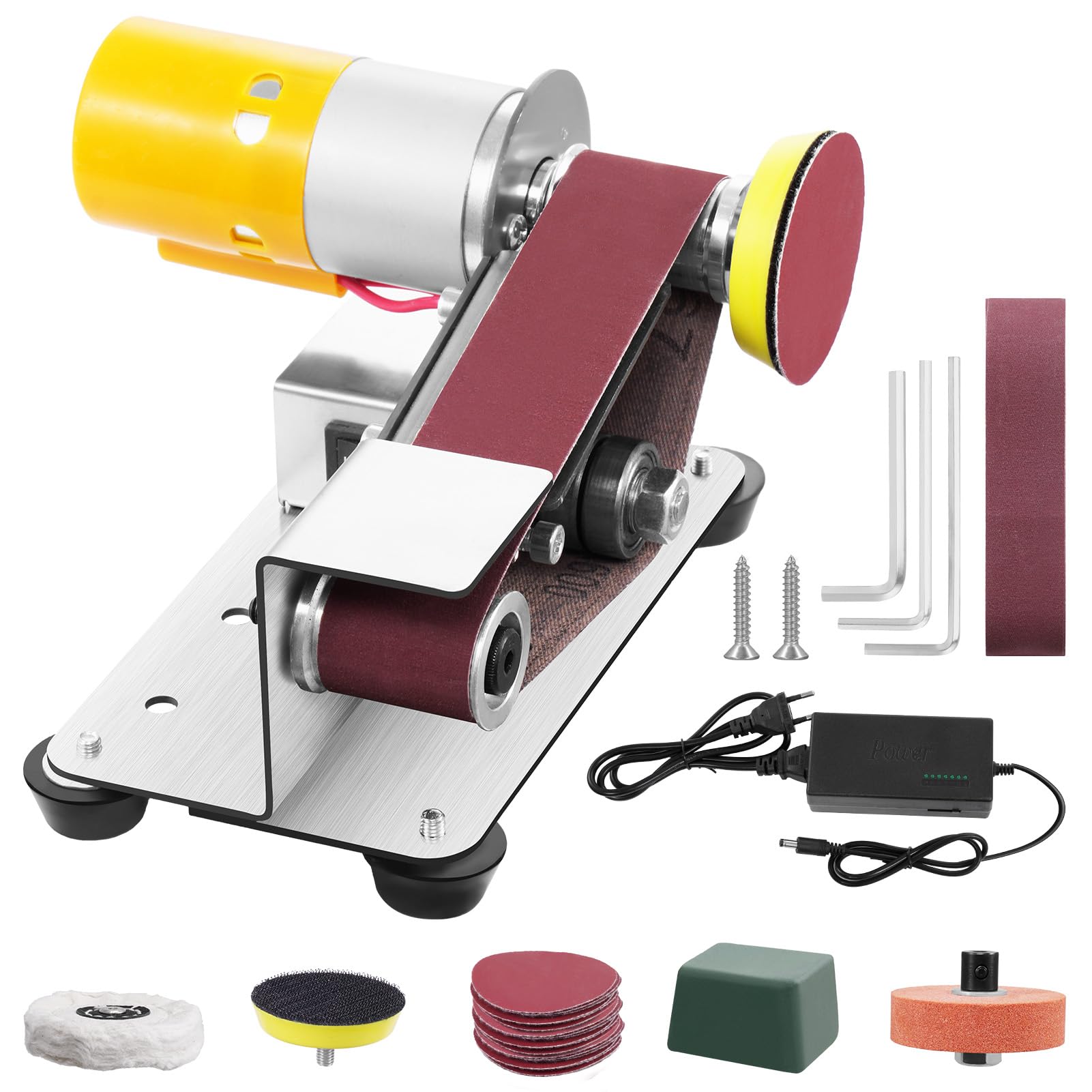 Ponceuse Électrique, 7 Étapes Réglable Ponceuse à Bande avec 20 Bandes Abrasives et 20 Feuilles de Papier Abrasif, pour Polissage des Métaux, Polissage du Bois et Meulage des Outils