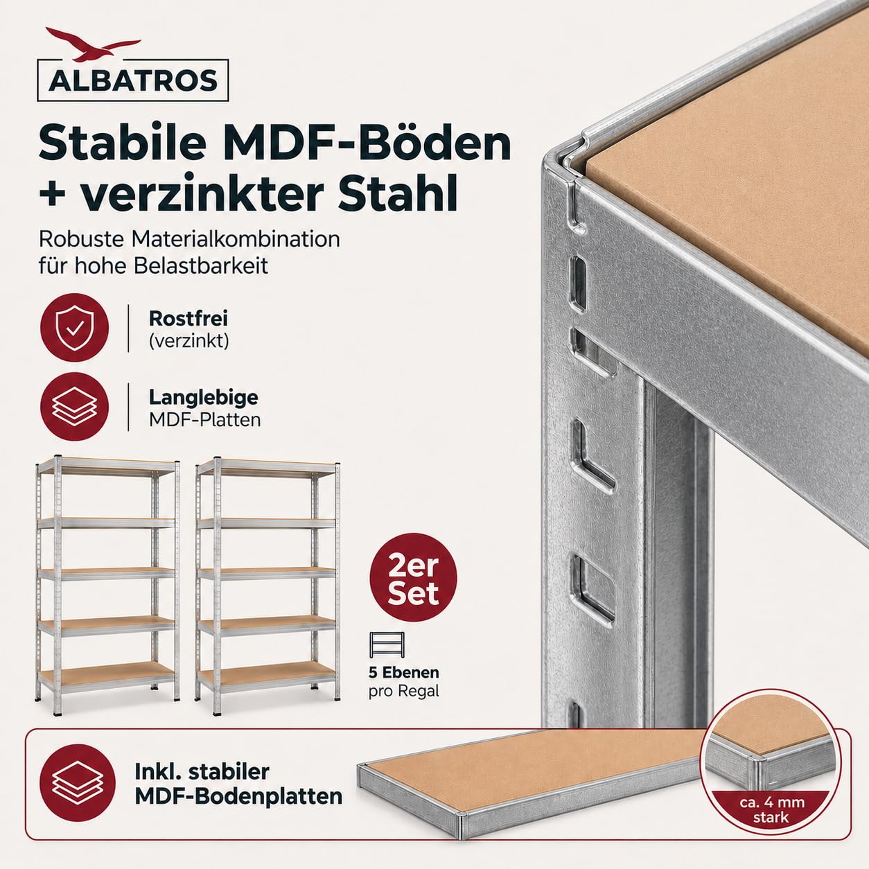ALBATROS SR2S Lot de 2 étagères pour charges lourdes - 180 x 90 x 40 cm - 875 kg - 5 étagères