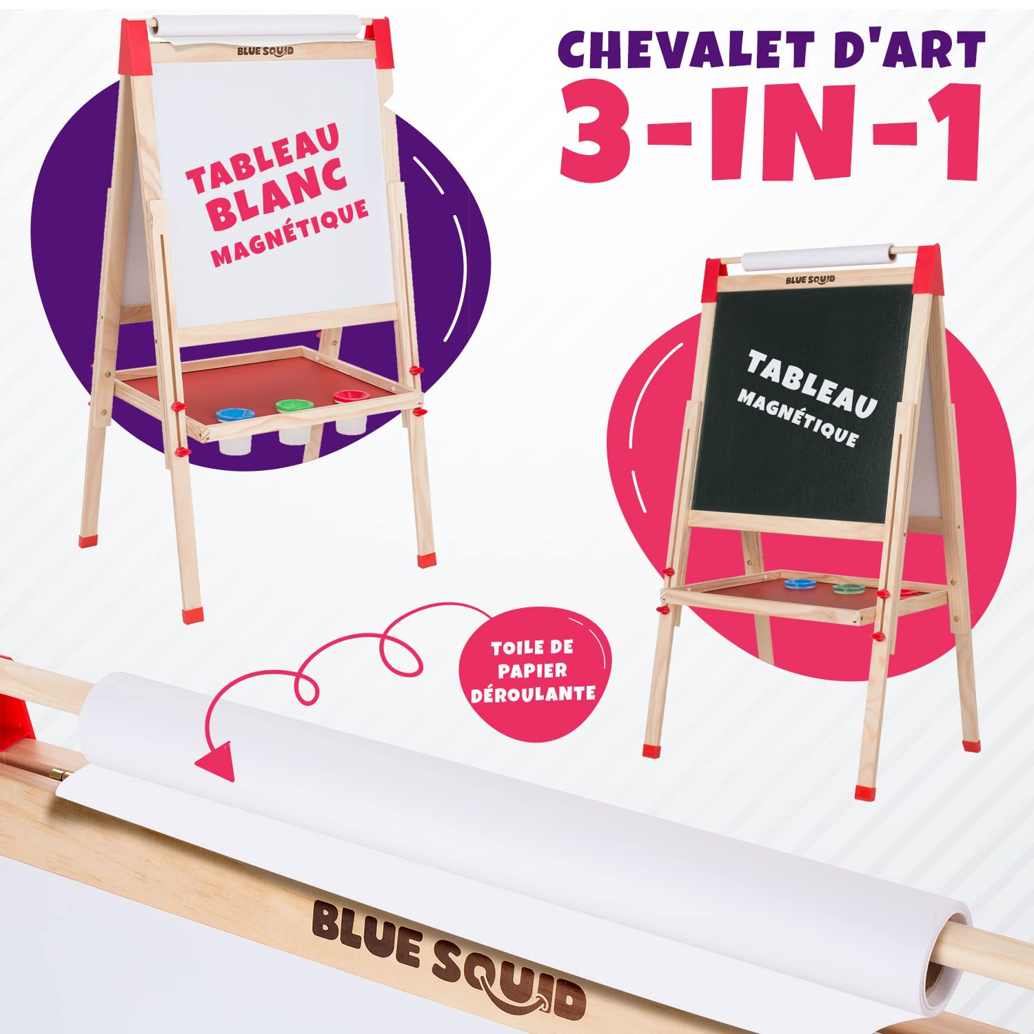 Chevalet Peinture pour Enfants 3 en 1 - Set Accessoires, Tableau Enfant Double Face avec Noir Magnétique, Chevalet Pour Enfant, Tableau Blanc Magnetique Enfant Sur Pied en Bois 3-4 4-8 9-12 ans