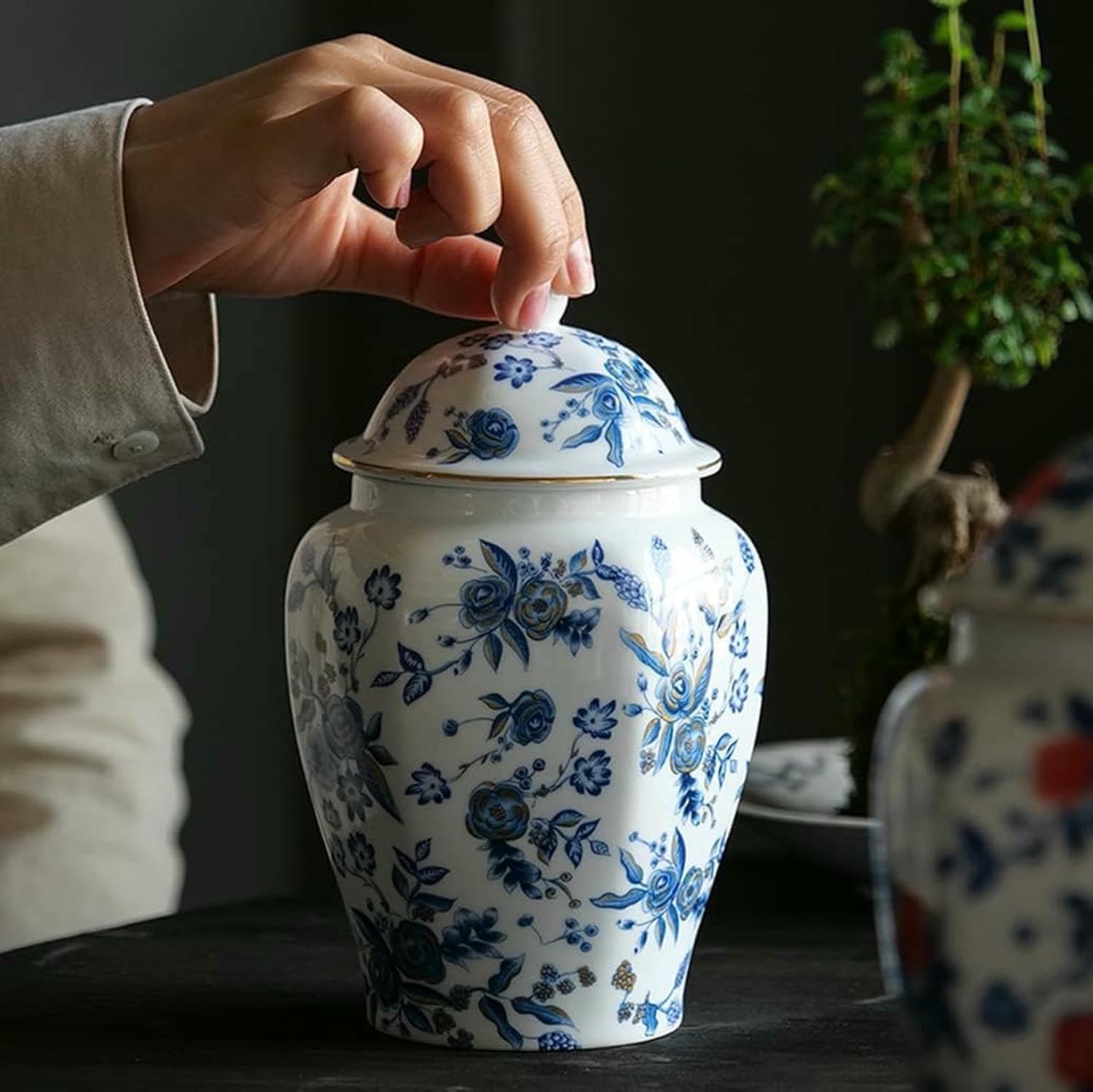 Ceramic Ginger Jar with Lid, Chinese Style Blue and White Temple Jar, Decorative Porcelain Vase for Home Decor-