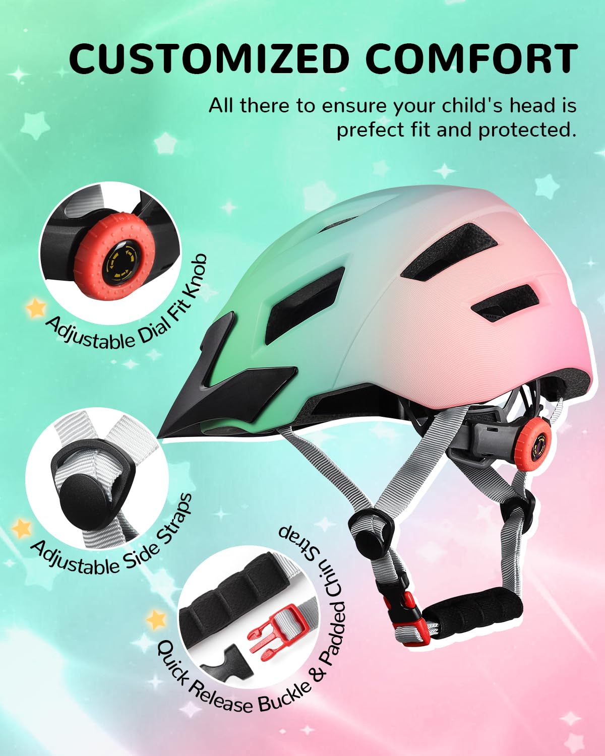Casque vélo pour Enfants pour Filles et garçons, Casque VTT Ajustable Multisport pour Skateboarding, Cyclisme et Patinage en Ligne, 52-56 cm (MixBlue, S: 52-56 cm)