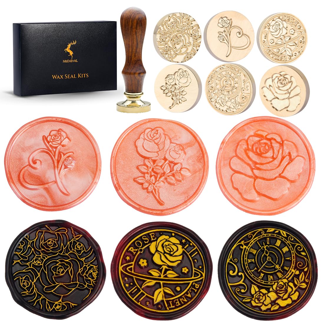 TELOSMA Wax Seal Stamp Kits, 6 pcs Wax Stamp Brass Head & 1 Wooden Handle, 6 Rose Designs