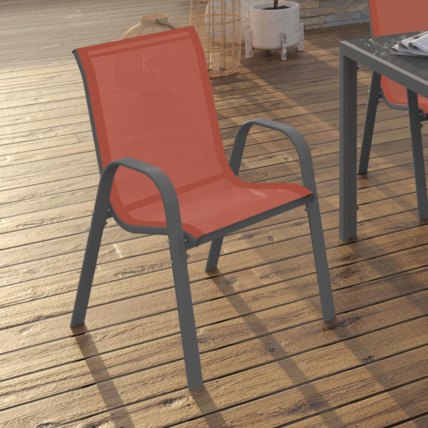 IDMarket - Lot de 4 chaises de Jardin LYMA métal et textilène empilables Terracotta et Gris
