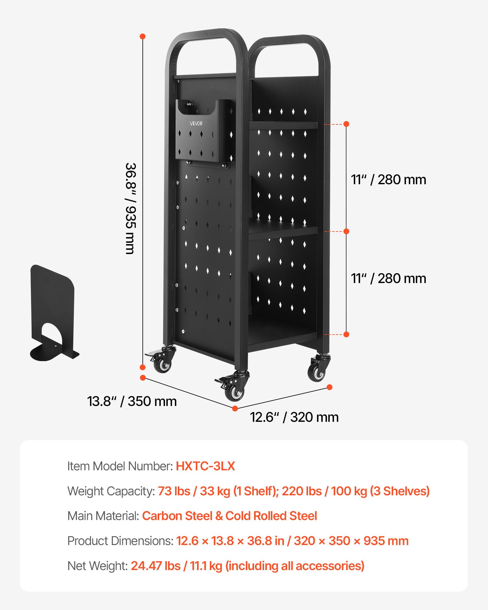 VEVOR Carrello Portalibri con Ruote 320 x 350 x 935 mm Carrello Rotante Porta Libri, Carico 100 kg Ripiani a L Monofacciali con Ruote Bloccabili 5 cm per Scaffali di Casa, Ufficio e Scuola, Nero