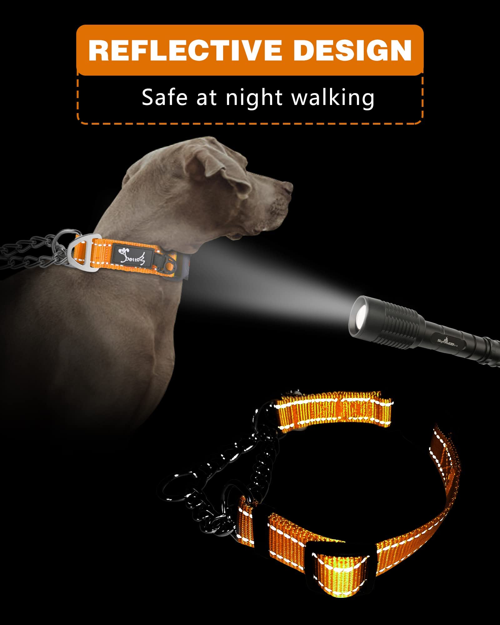 PETTOM Collare Semistrozzo per Cani Cane Addestramento Collari con Catena Regolabile Riflettente Anello Metallo Nylon Imbottito Fibbia Sicurezza Martingale Collare per Camminare Allenarsi Arancione