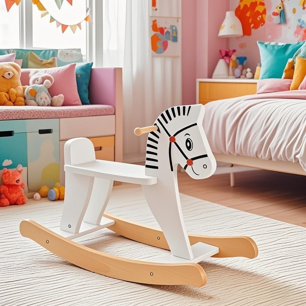 HOMASIS 2 in 1 Schaukelpferd Zebra, Baby Schaukelstuhl aus Holz, Weiß Schaukeltier mit Abnehmbarem Zaun & Griffe & Fußstütze, Schaukelwippe Tragkraft 40 kg, Schaukelspielzeug für Kinder ab 3 Jahren