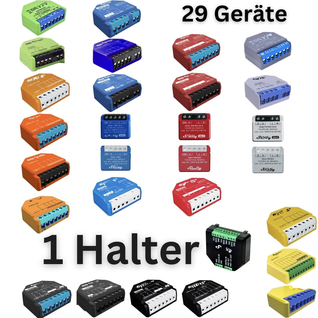 Soporte de montaje Printtastisch compatible con 42 modelos de relé Shelly – Plus 1, 1PM, 2PM, Mini, Gen3, Gen4, i4 DC, Regulador, RGBW2, Wave, EM, AddOn, DALI, Persiana – WAGO 221, PETG, 4 unidades