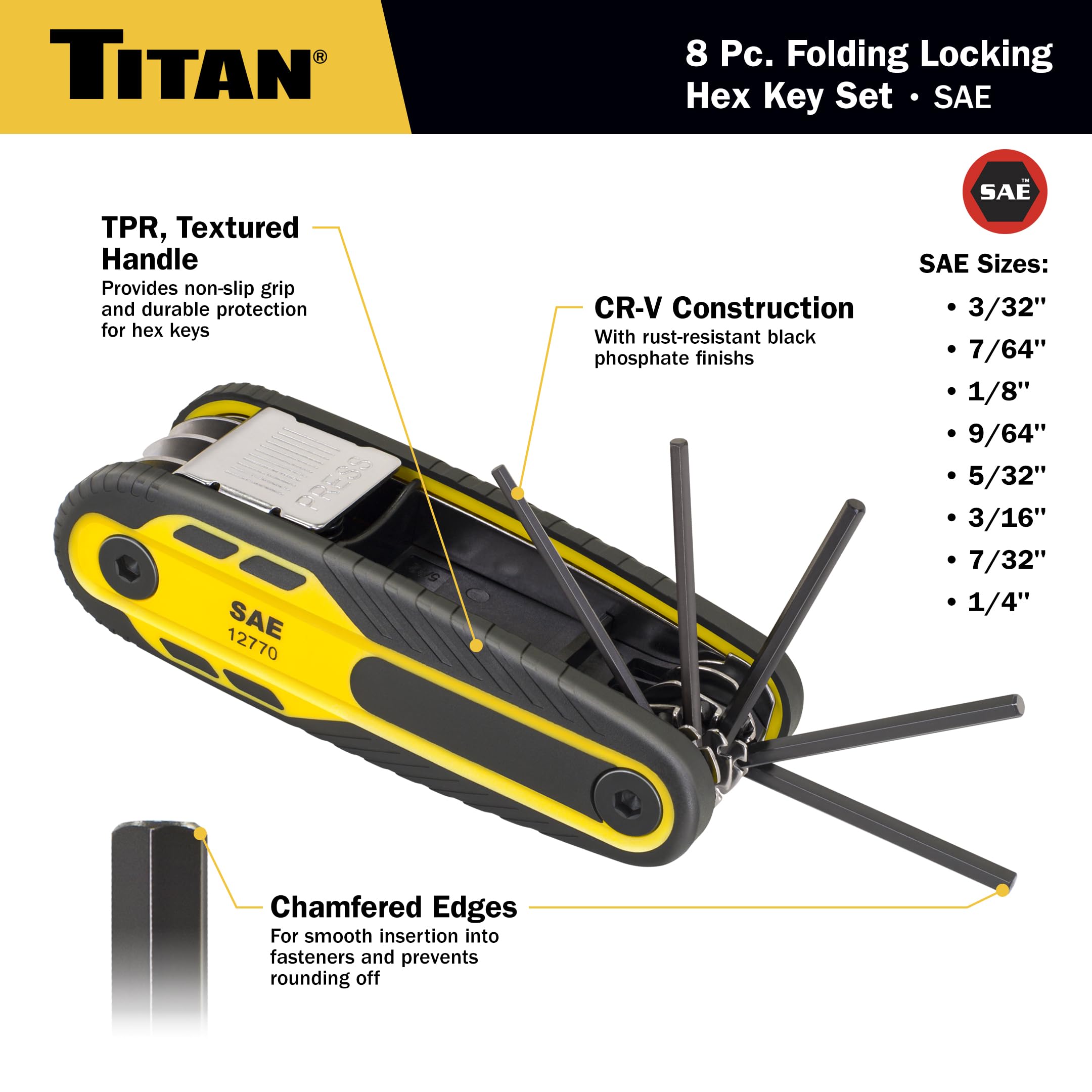 Titan 12770 8-częściowy składany zestaw kluczy sześciokątnych SAE